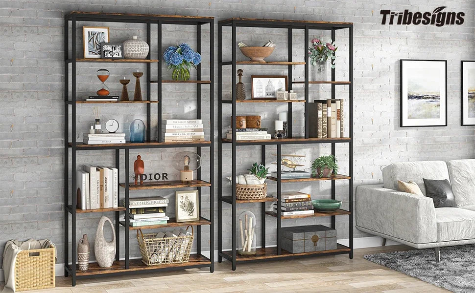 Tribesigns Modern 8-Tier Staggered Bookcase -, Wide Wood Etagere Shelving Unit