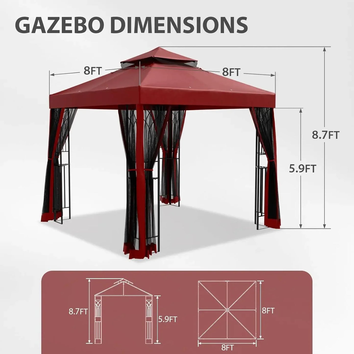8x8 Patio Gazebo with Mesh Netting, Double Roof Outdoor Pavilion with Corner Shelves for Lawn, Deck, Garden and, Customized