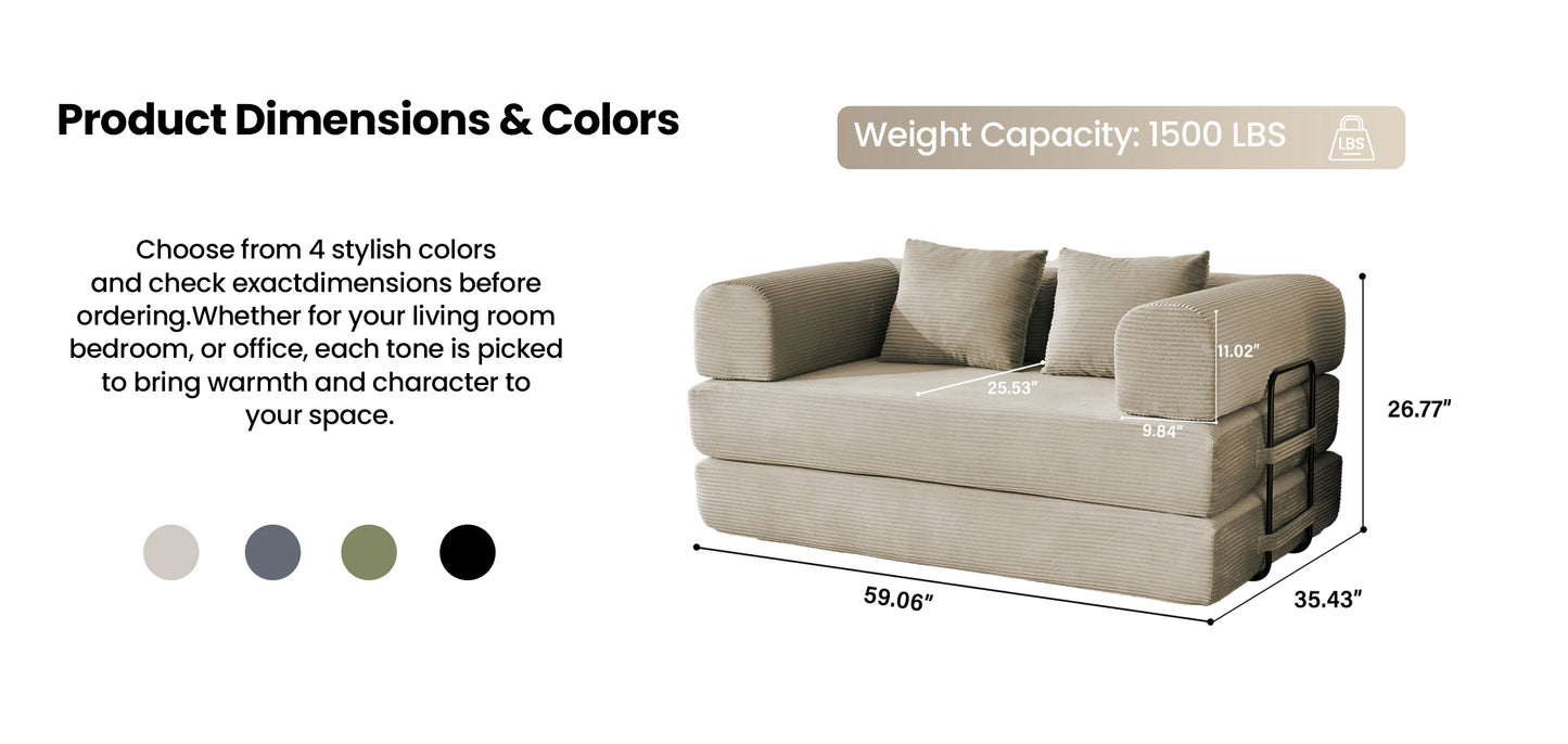 59’’ Convertible Sofa Bed Corduroy Upholstered Boneless Couch, Loveseat Fold Out Small Floor Sleeper for Living Room