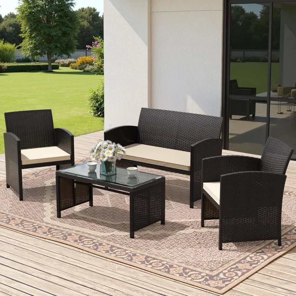 Premium 4-piece patio furniture set, wicker conversation set with 2 rattan chairs 1 loveseat 1 coffee table removable seat cushi