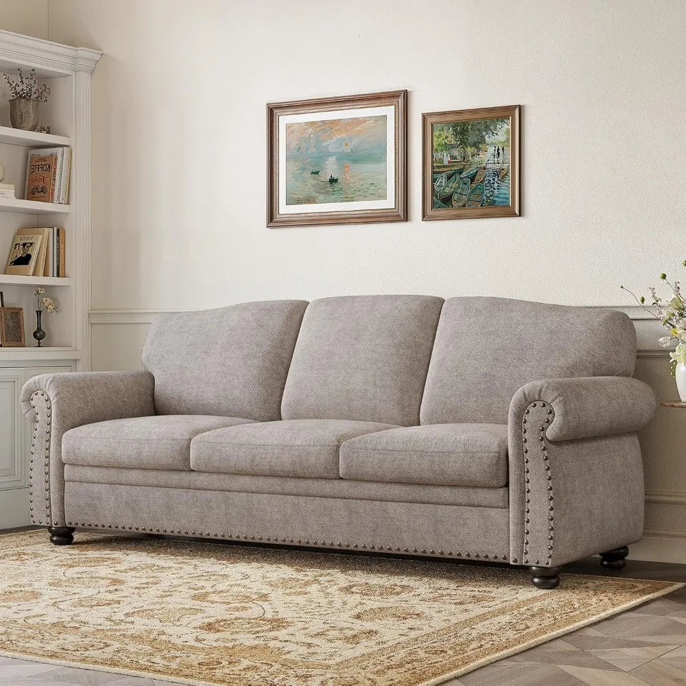 Nailhead Trim Couch for Living Room,Rolled Arm Sofa,Comfy Upholstered Chenille Couch w/Wooden Leg,Traditional Sofa,Customized