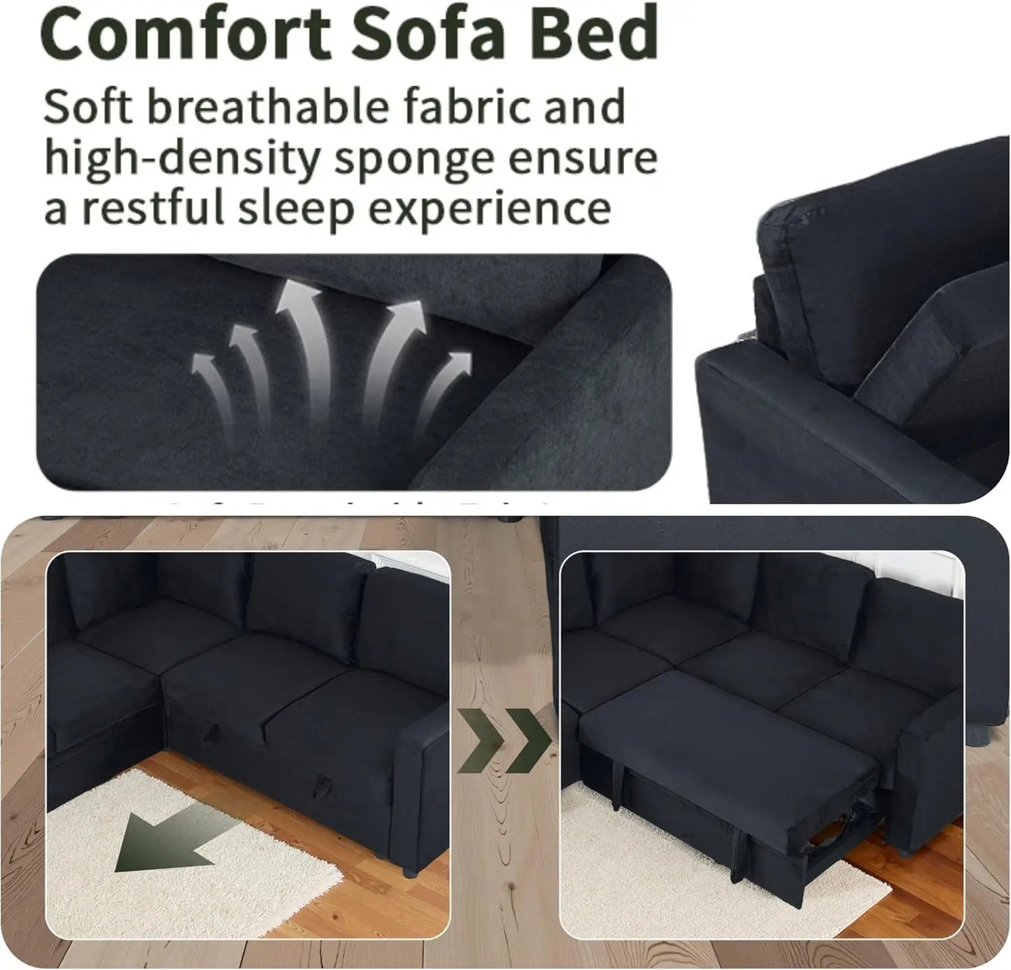L-Shaped Sectional Sleeper Sofa with Pull-Out Bed & Storage Chaise, 5-Seat Convertible Couch for Apartment Living Room in Black