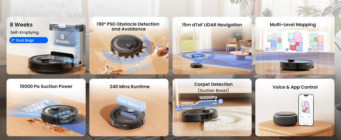 Lefant  Robot Vacuum Cleaner with Automatic Emptying M2S Pro,10000Pa, 240 Minutes, Laser Navigation DTOF, Ideal for Pet Hair