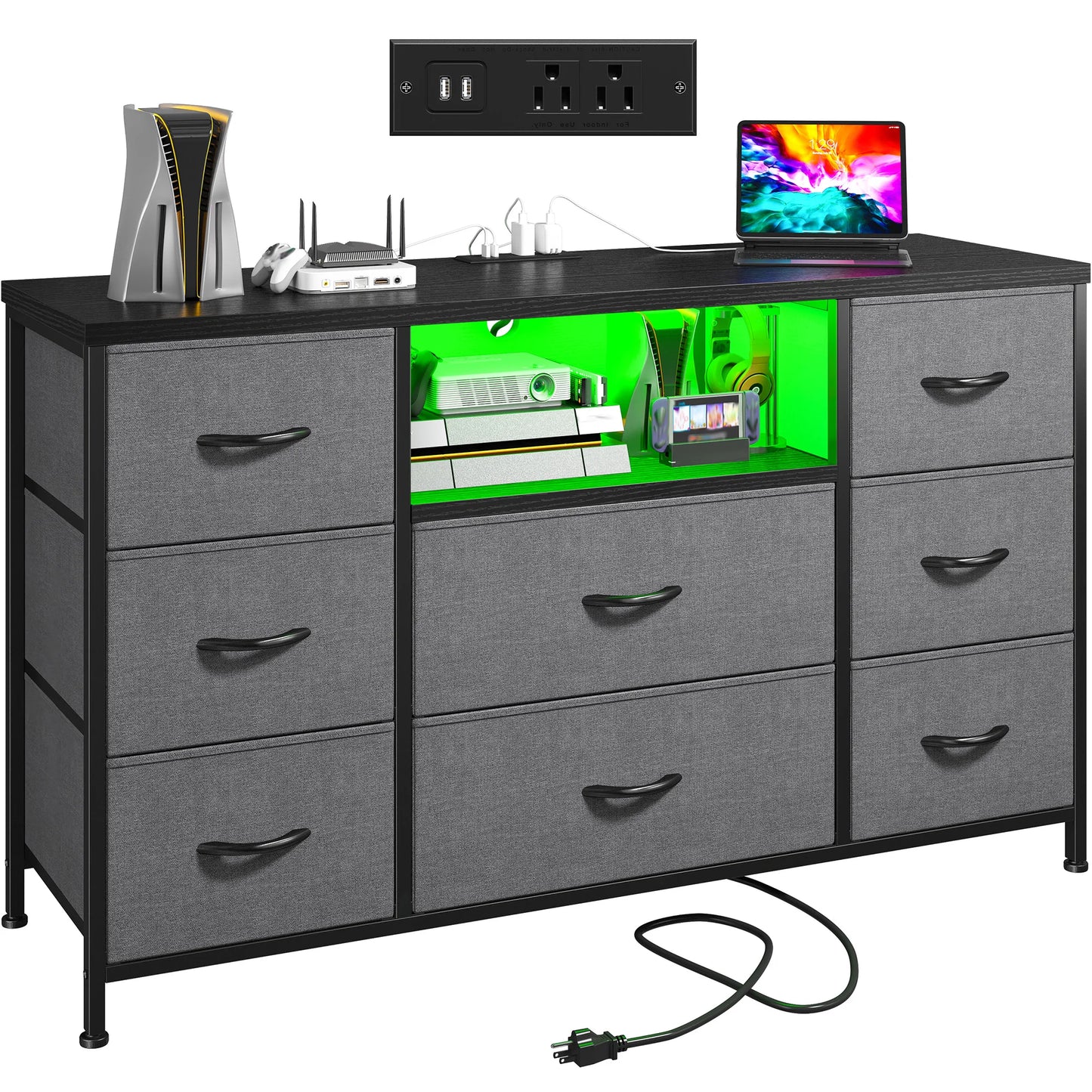 8-Drawer Media Dresser with LED Lighting & Built-in Charging Station - Fabric Storage Cabinet for 55" TVs, Ideal for Bedroom