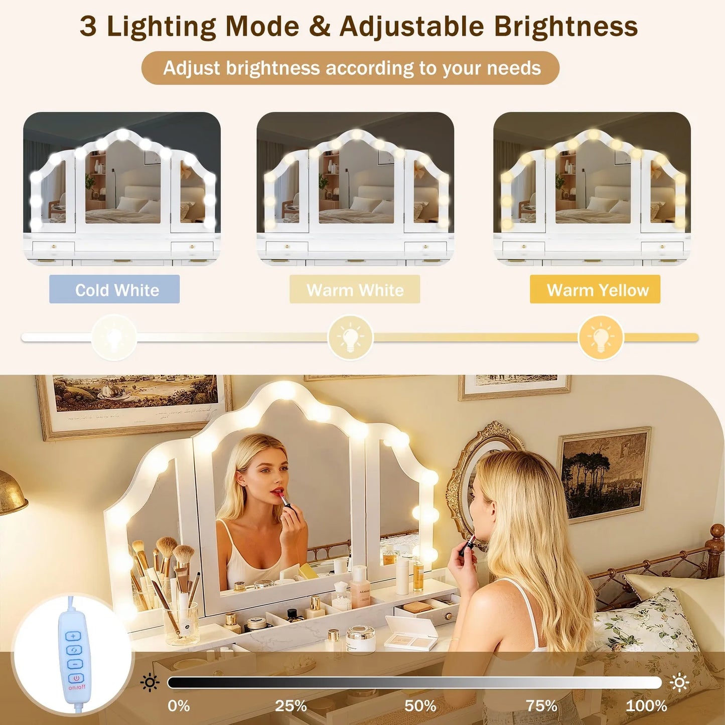 44" Makeup Vanity Desk w/13 Hollywood Bulbs &3 Lighting Modes Dressing Table