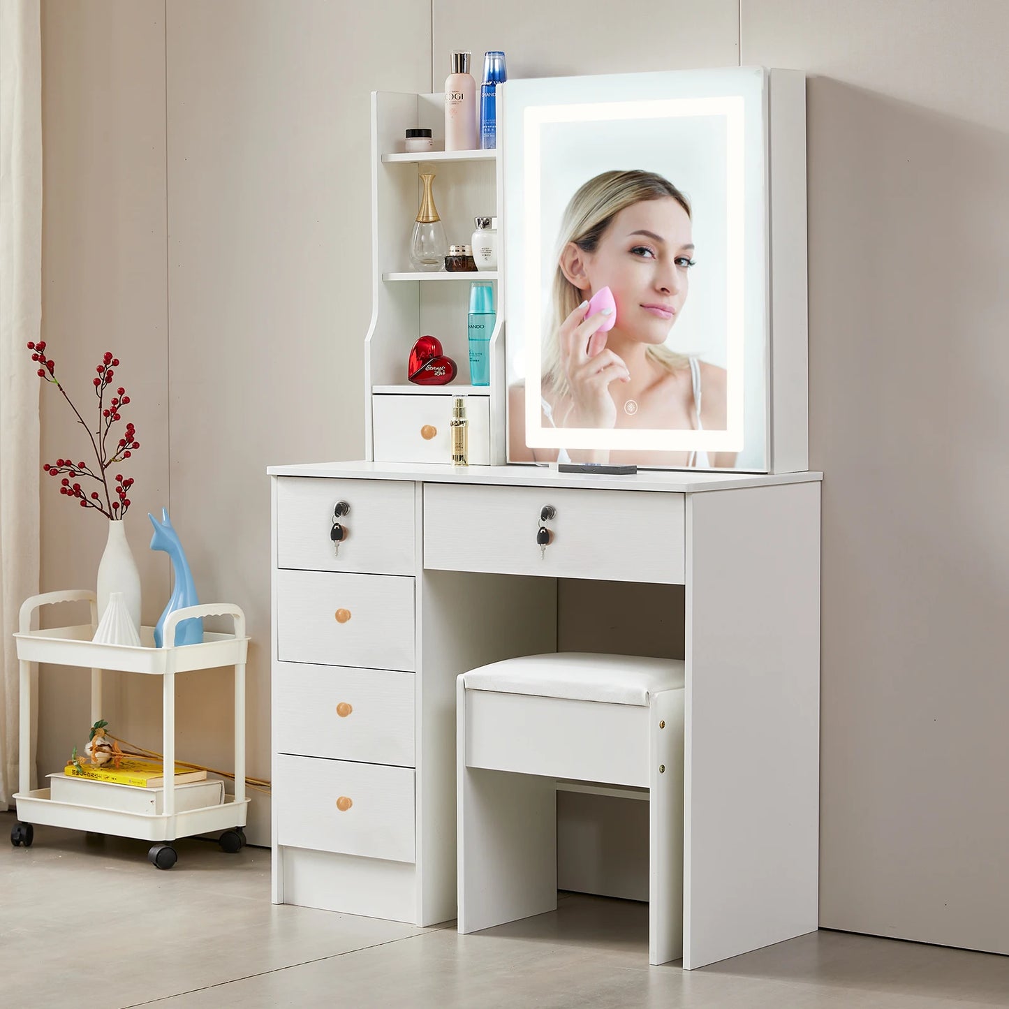 Teousev White Hollywood Vanity Set with Touch Control Dimmer LED Mirror 6 Drawers & Stool 3 Color Lighting Easy Assembly Bedroom