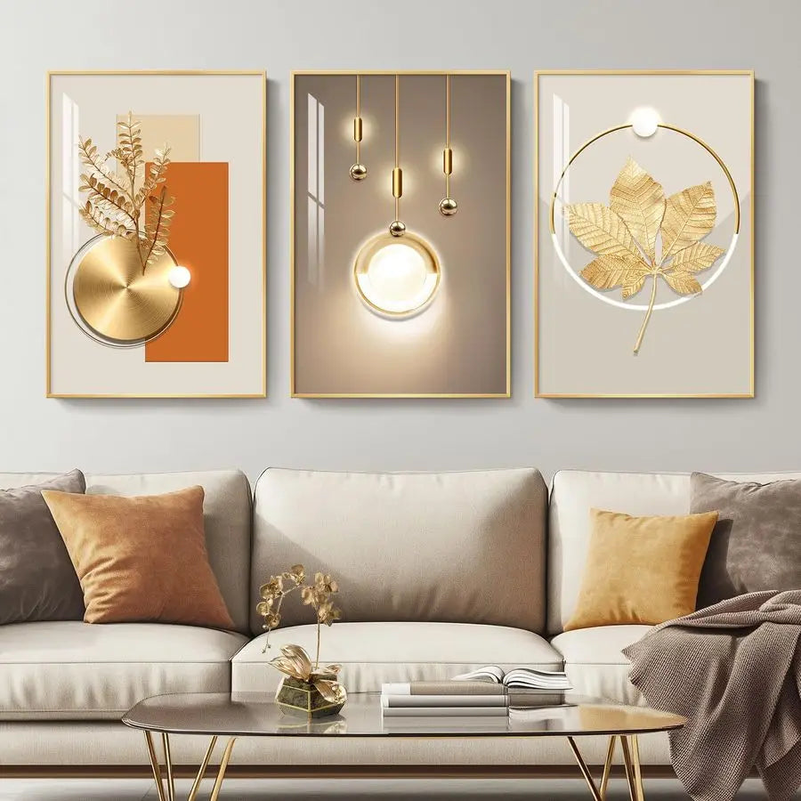 Modern Luxury Gold Wall Art, Set of 3 Piece Contemporary Paintings Artwork for Walls, Golden Prints Pictures with Gold Frame, Wa