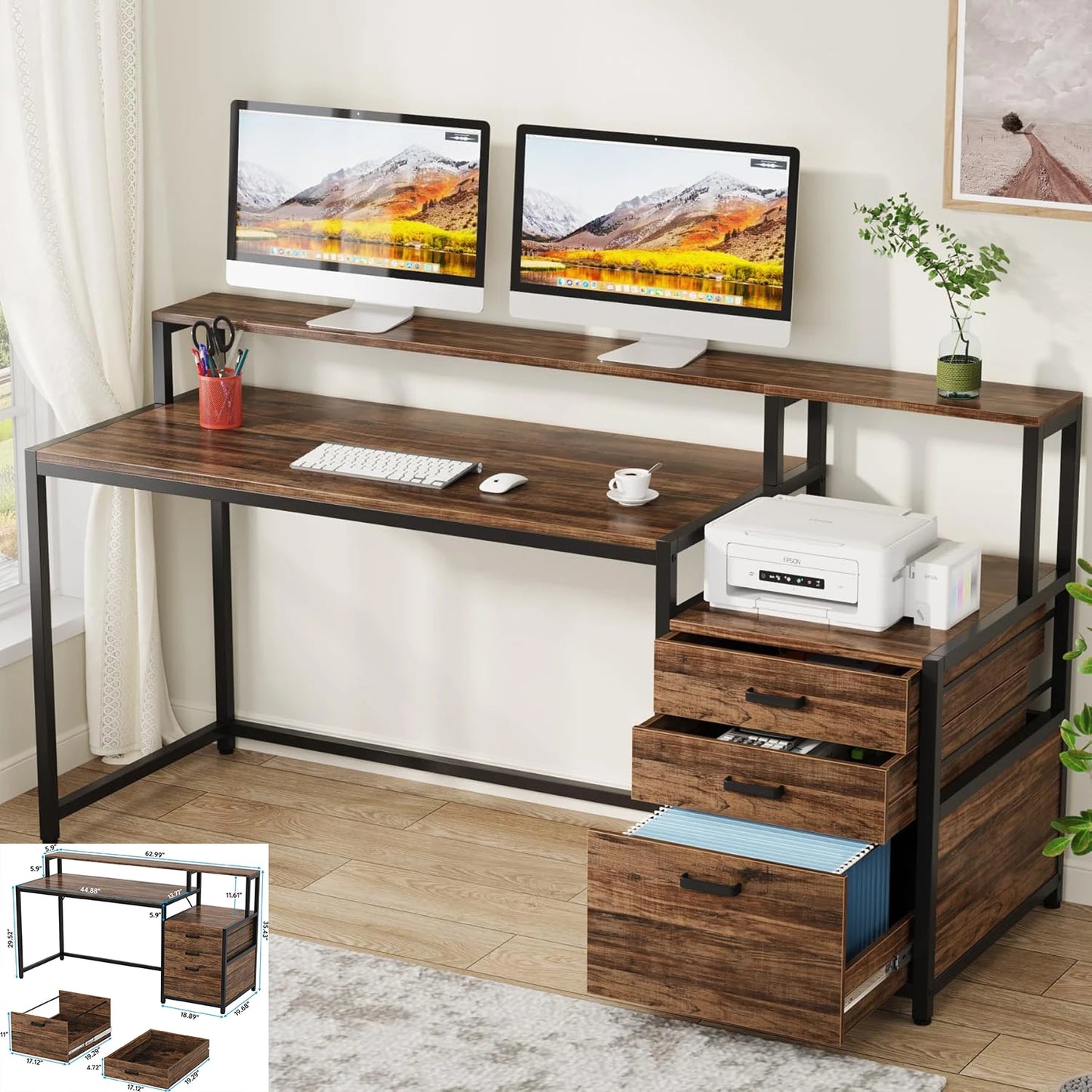 L-Shaped Computer Desk with 3 Drawers,Home Office Desk with Shelves, 53-Inch Industrial PC Desk for Small Space, Rustic Brown