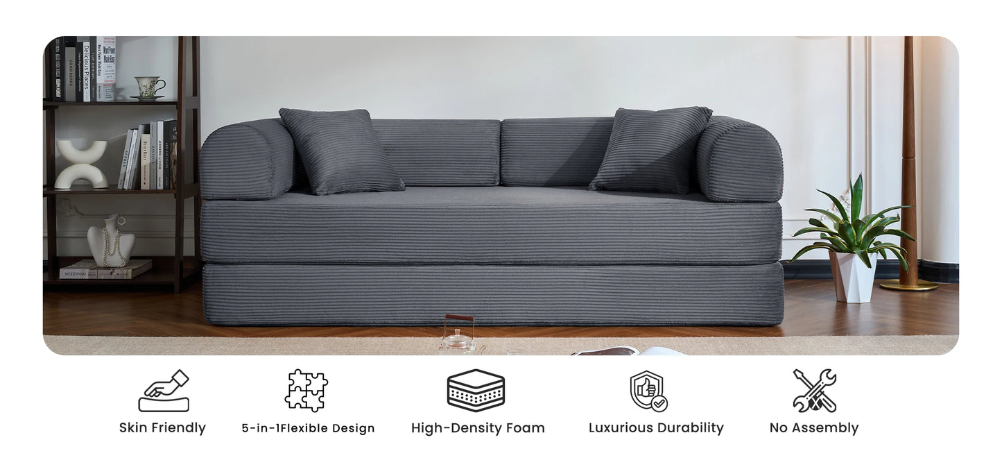 79’’ Folding Convertible Sofa Bed Corduroy Upholstered Boneless Couch, Loveseat Sleeper Floor Sofa for Living Room Bedroom