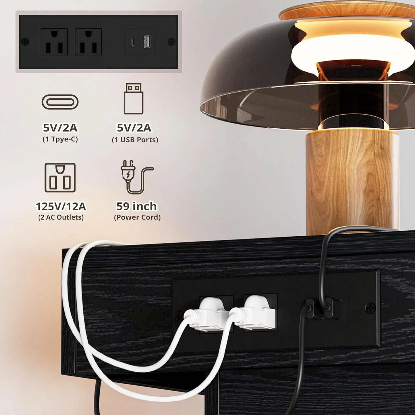 LIKIMIO Night Stand with Charging Station, Modern Nightstand with LED Light and Drawers, Bedside Tables/End Table for Bedroom
