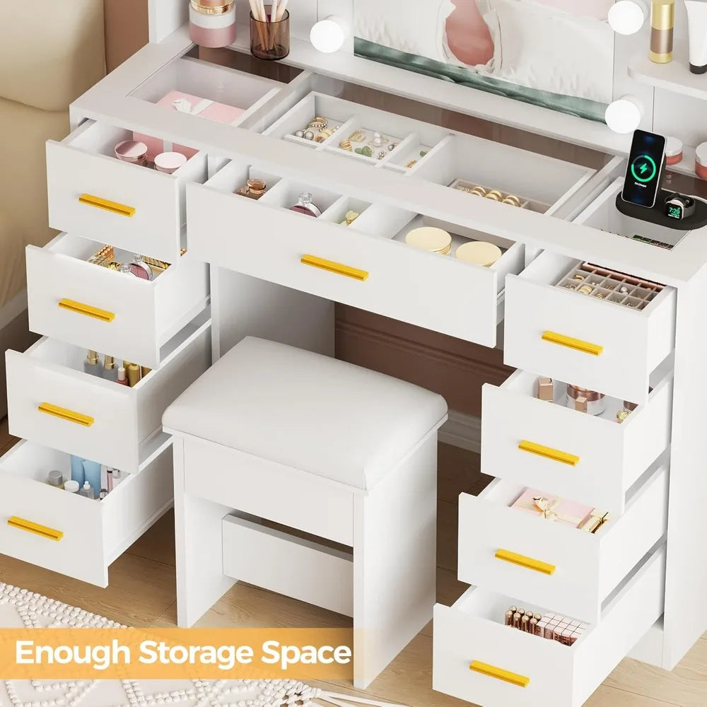 illuminated makeup vanity desk with glass top, 9 drawers, and power outlet for styling