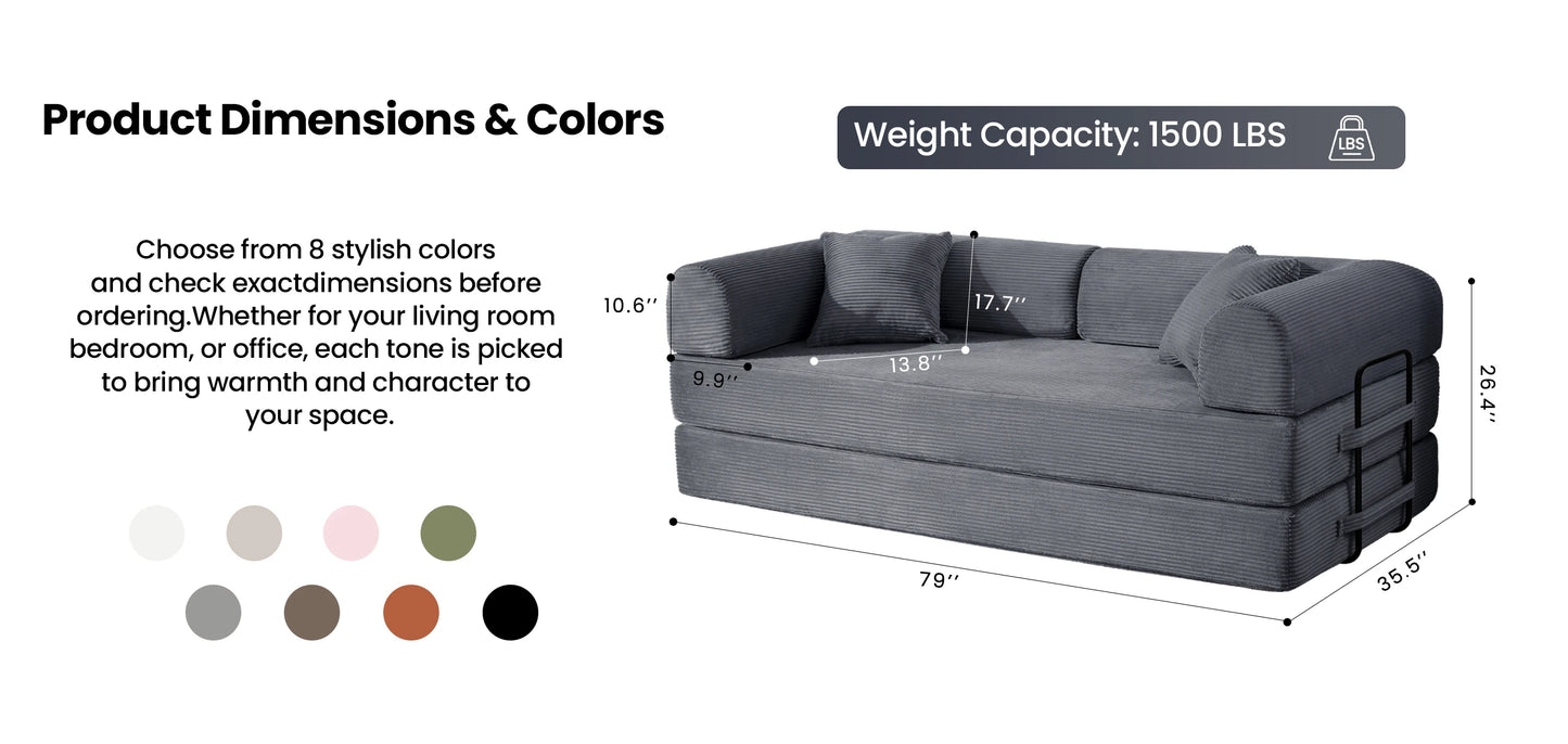 79’’ Folding Convertible Sofa Bed Corduroy Upholstered Boneless Couch, Loveseat Sleeper Floor Sofa for Living Room Bedroom
