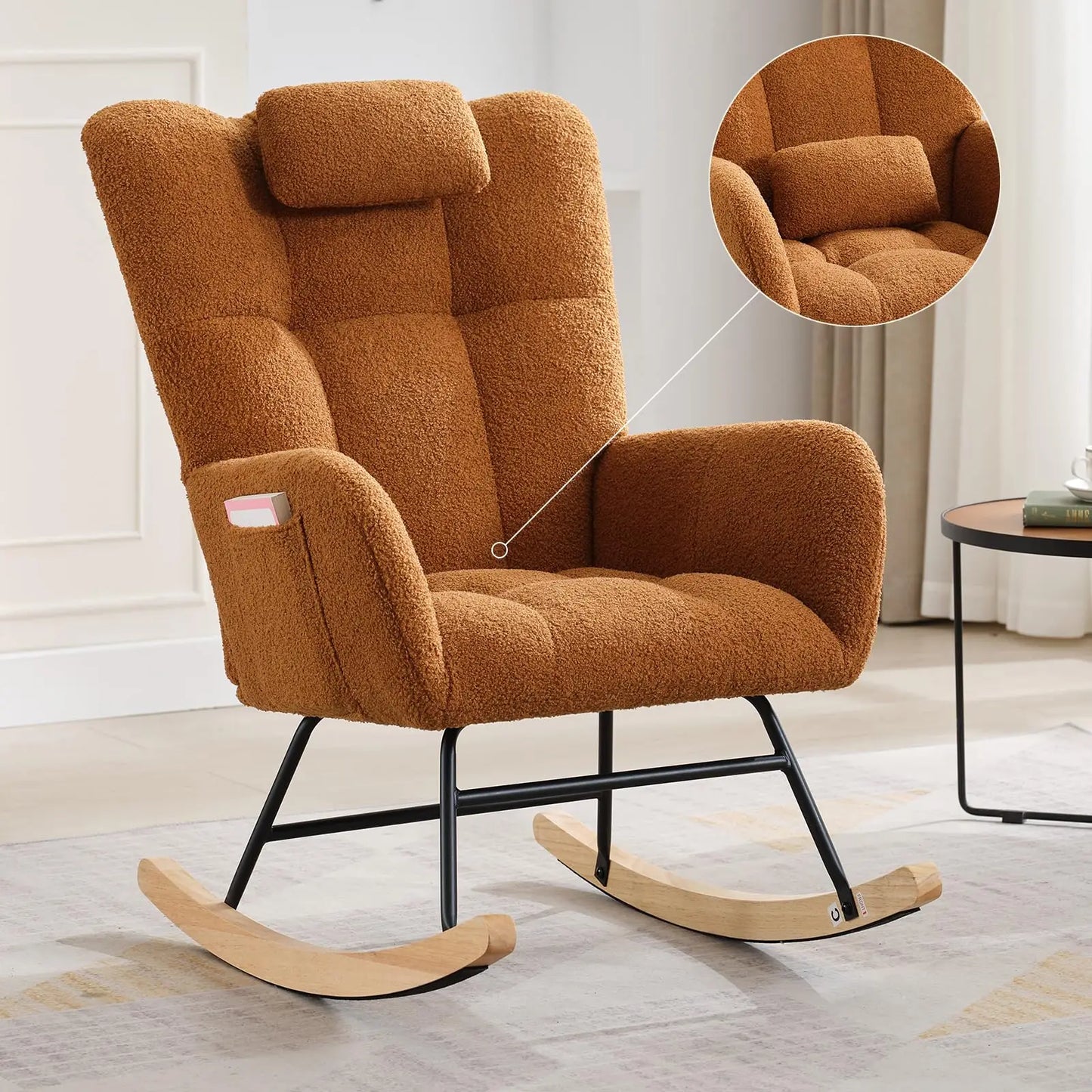 Nursery Rocking Chair Teddy Upholstered Glider Rocker Rocking Accent Chair Padded Seat with High Backrest Armchair Comfy SideCha