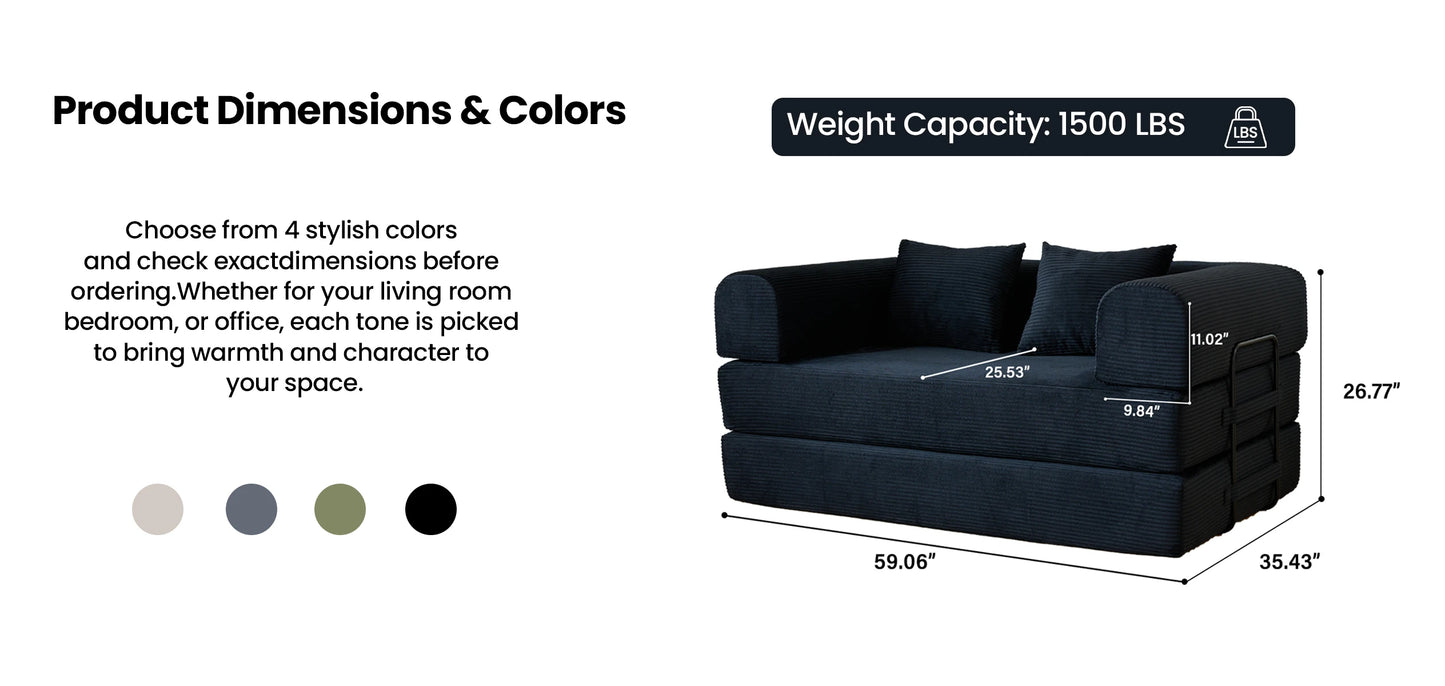 59’’ Convertible Sofa Bed Corduroy Upholstered Boneless Couch, Loveseat Fold Out Small Floor Sleeper for Living Room