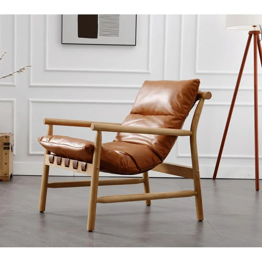 Mid-Century Modern Faux Leather Armchair, Comfortable Wood Frame Lounge Chair for Living Room, Cozy Recliner in Brown
