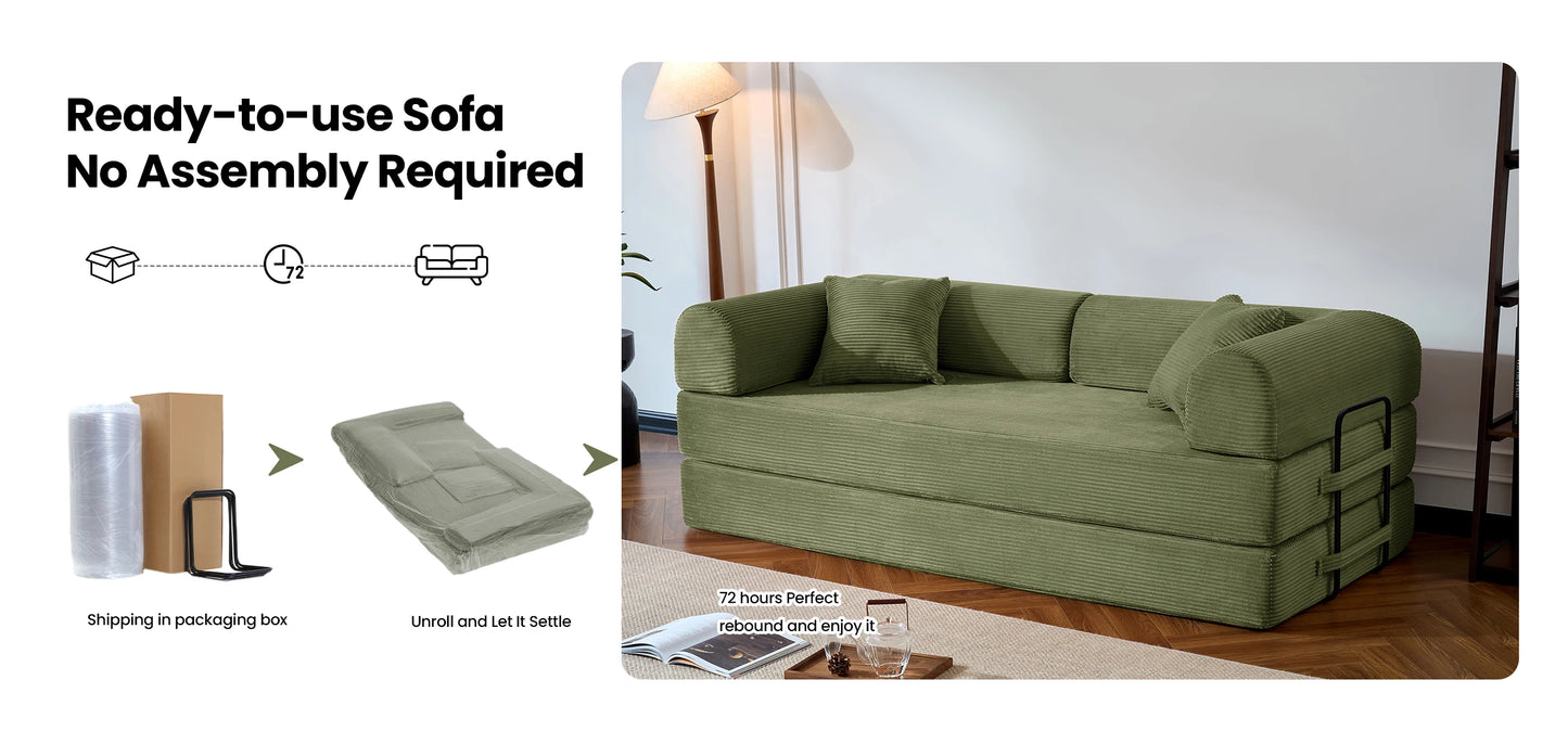 79’’ Folding Convertible Sofa Bed Corduroy Upholstered Boneless Couch, Loveseat Sleeper Floor Sofa for Living Room Bedroom