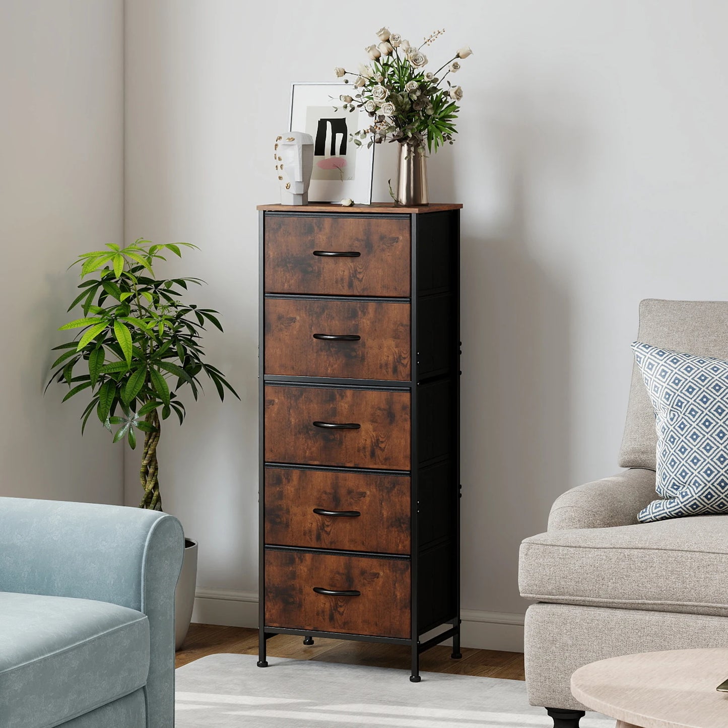 JHK 48IN Dresser For Bedroom With 5 Fabric Drawers Nightstand Wardrobe Steel Frame Closet For Clothes Storage Cabinet Furniture