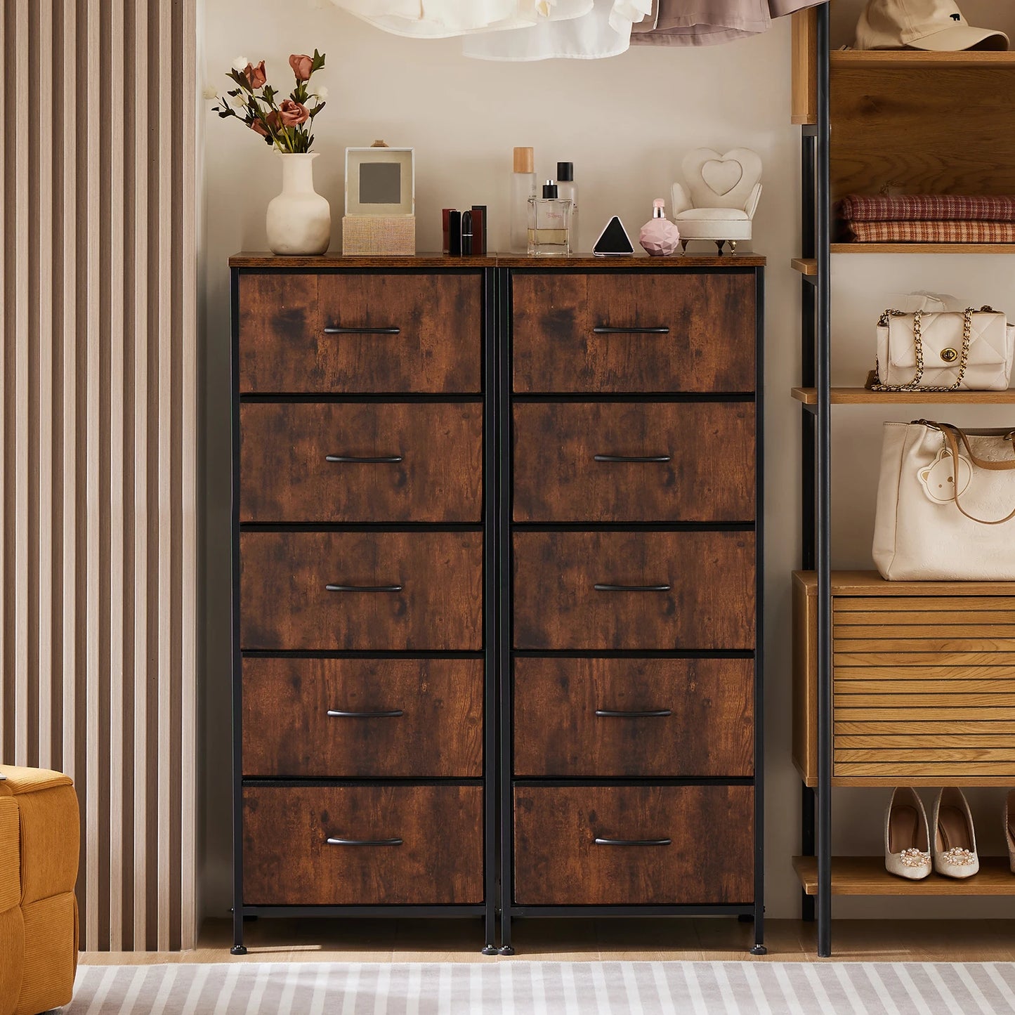 JHK 48IN Dresser For Bedroom With 5 Fabric Drawers Nightstand Wardrobe Steel Frame Closet For Clothes Storage Cabinet Furniture
