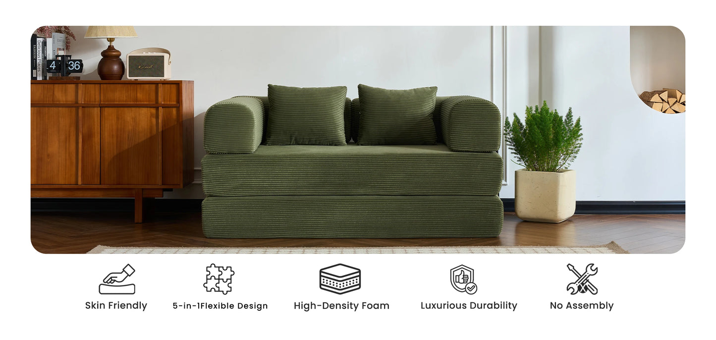 59’’ Convertible Sofa Bed Corduroy Upholstered Boneless Couch, Loveseat Fold Out Small Floor Sleeper for Living Room