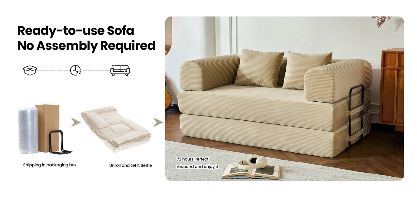 59’’ Convertible Sofa Bed Corduroy Upholstered Boneless Couch, Loveseat Fold Out Small Floor Sleeper for Living Room