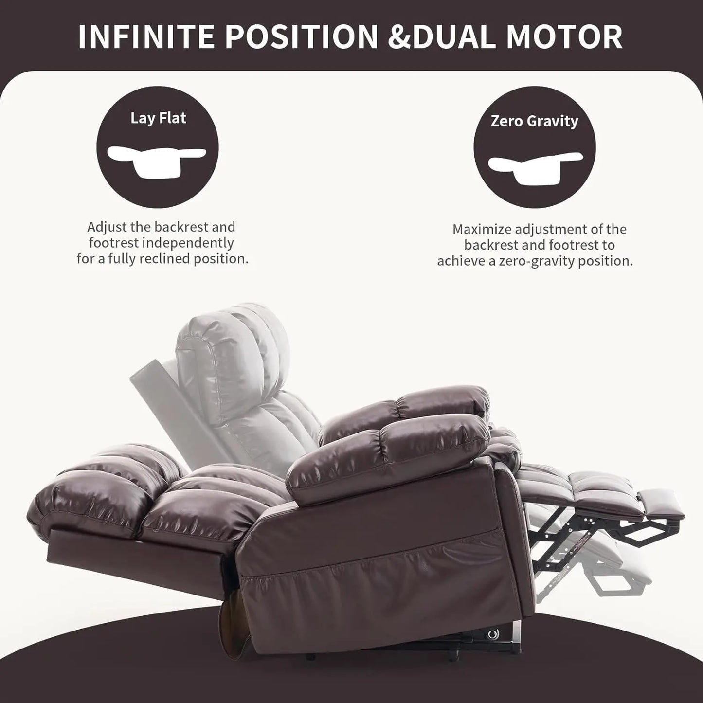 Oversized Dual Motor Power Lift Recliner Chair with Adjustable Headrest for Elderly Faux Leather Customizable Infinite Position