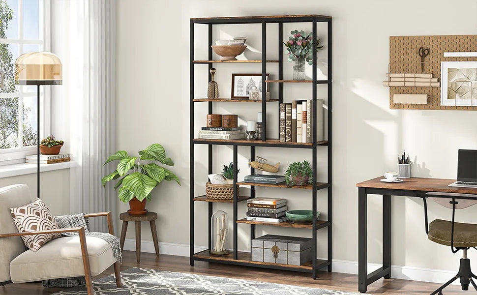 Tribesigns Modern 8-Tier Staggered Bookcase -, Wide Wood Etagere Shelving Unit