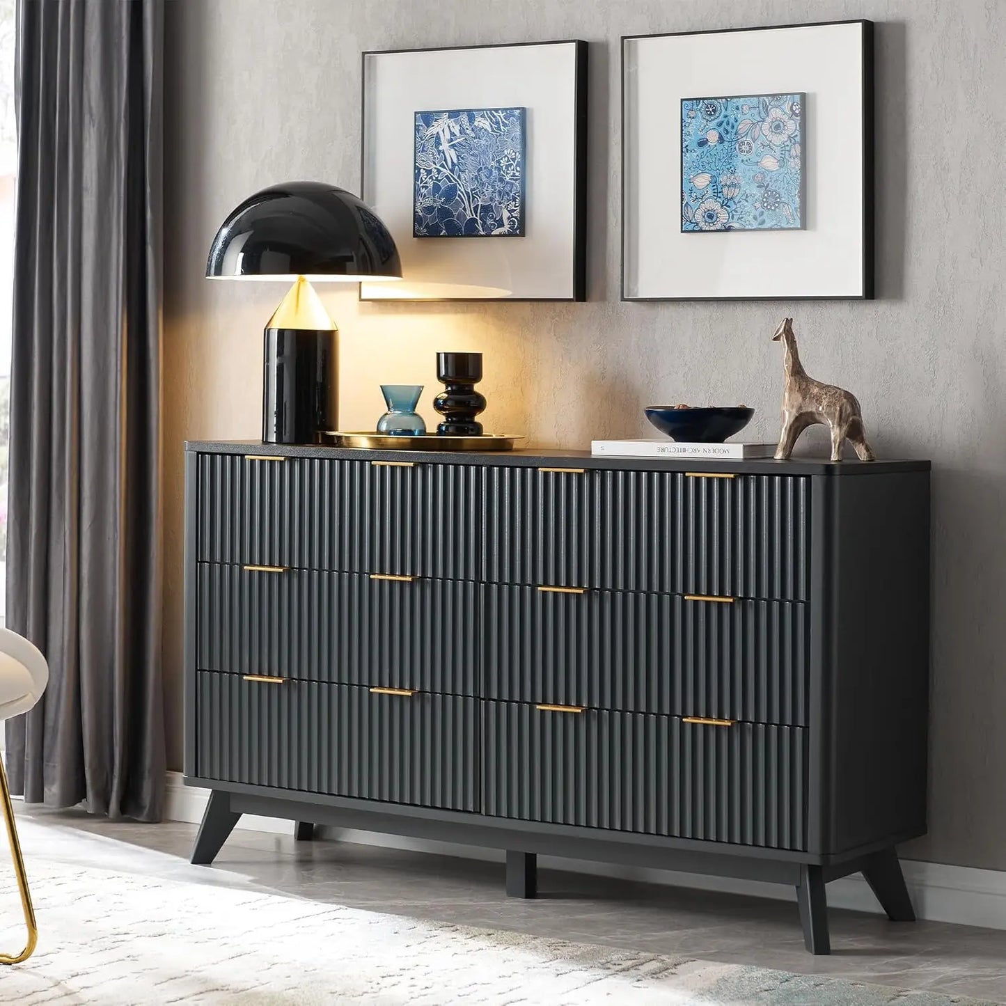 Fluted 6 Drawers Dresser, 54" Wide Modern Chest of Drawers with Faux Marble Top, Curved Profile Design, Dresser TV, Customized