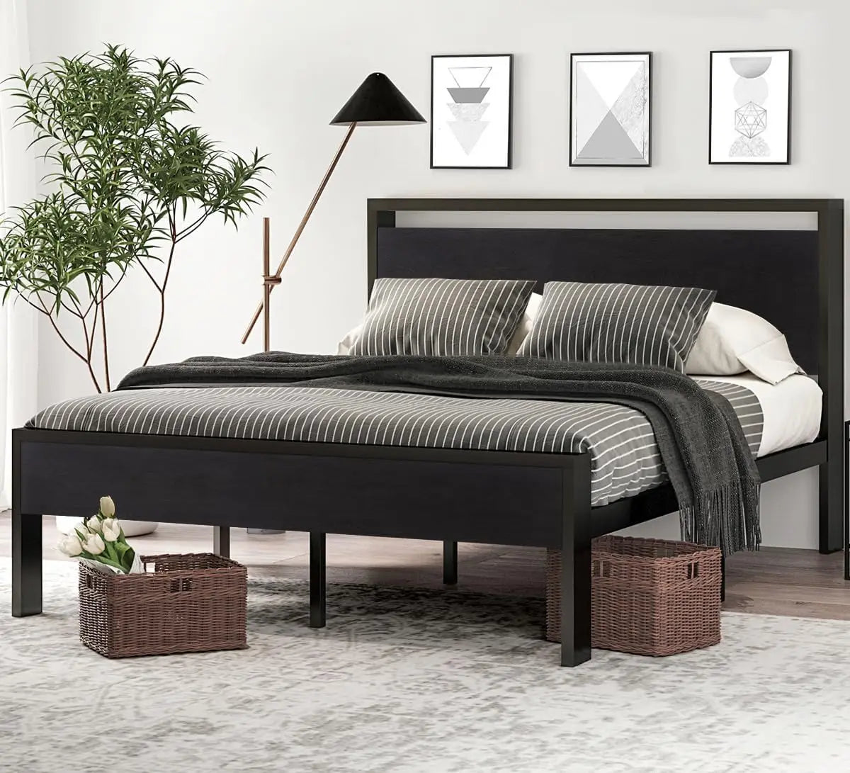 14 Inch Queen Size Metal Platform Bed Frame with Wooden Headboard and Footboard, MattrFoundation, No
