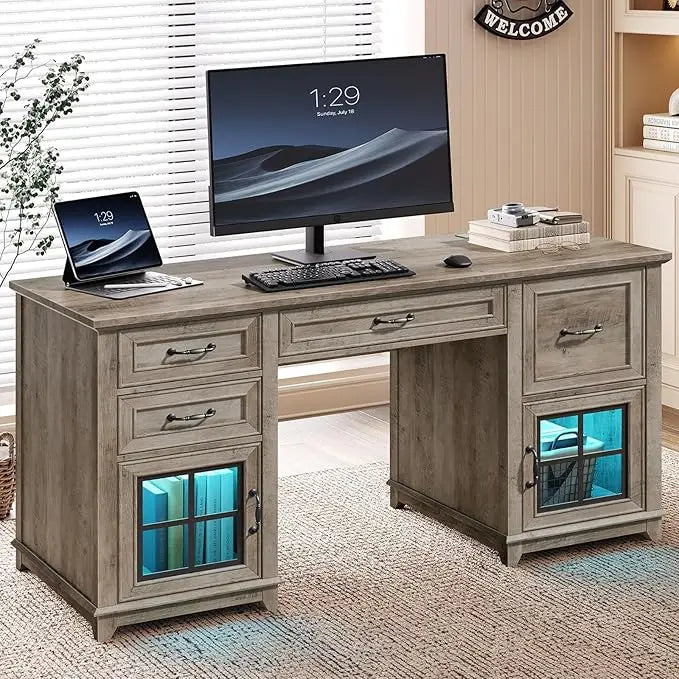 58" Farmhouse Executive Desk, Farmhouse Computer Desk with Drawers & File Cabinet, Wooden Home Office Desk with，Customized