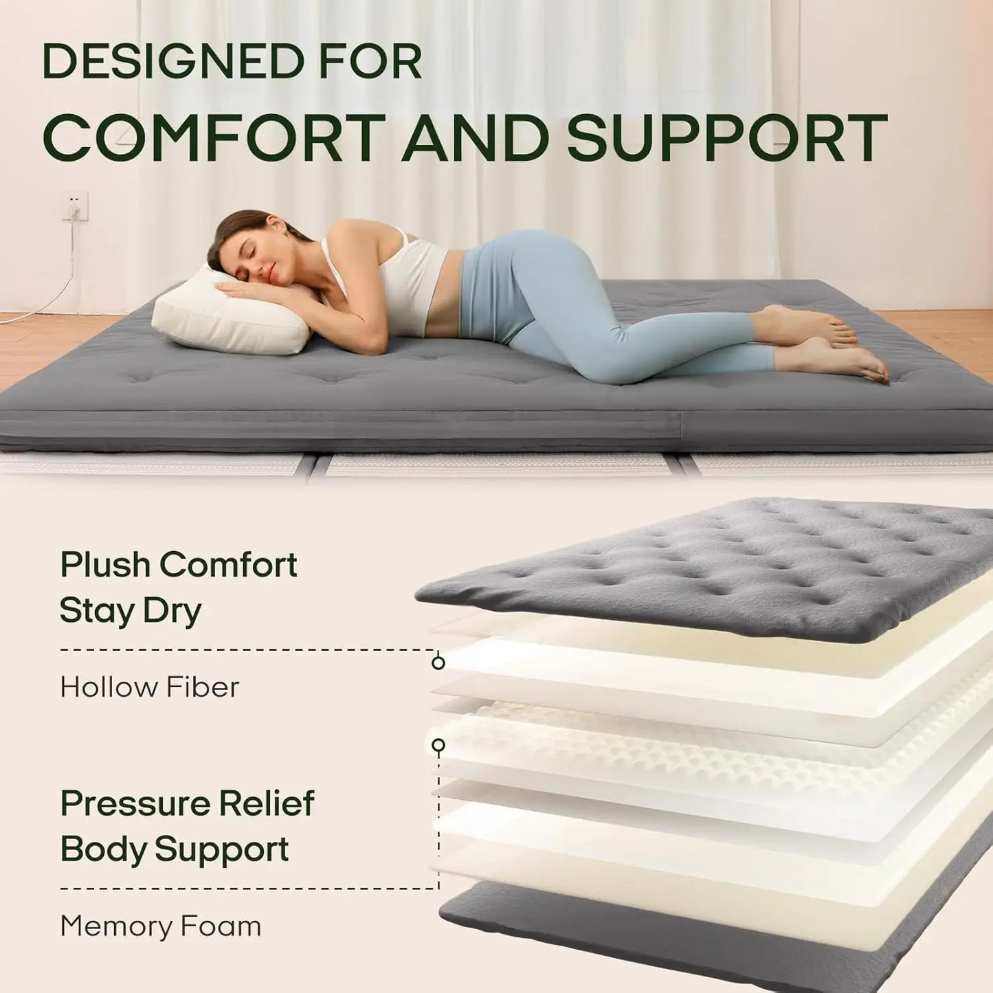 Japanese Floor Futon Mattress Queen Size 80x60 Inches, 100% Cotton Cover, Foldable Tatami Mat for Portable Sleeping