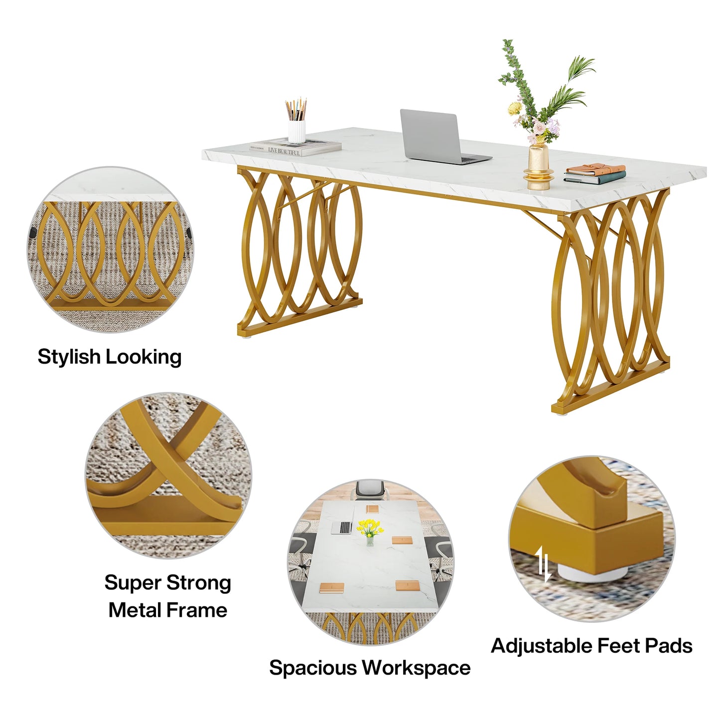Tribesigns Modern Office Desk, 70.9" Wooden Computer Desk,Executive Desk with Gold Metal Legs, Large Workstation Home Office