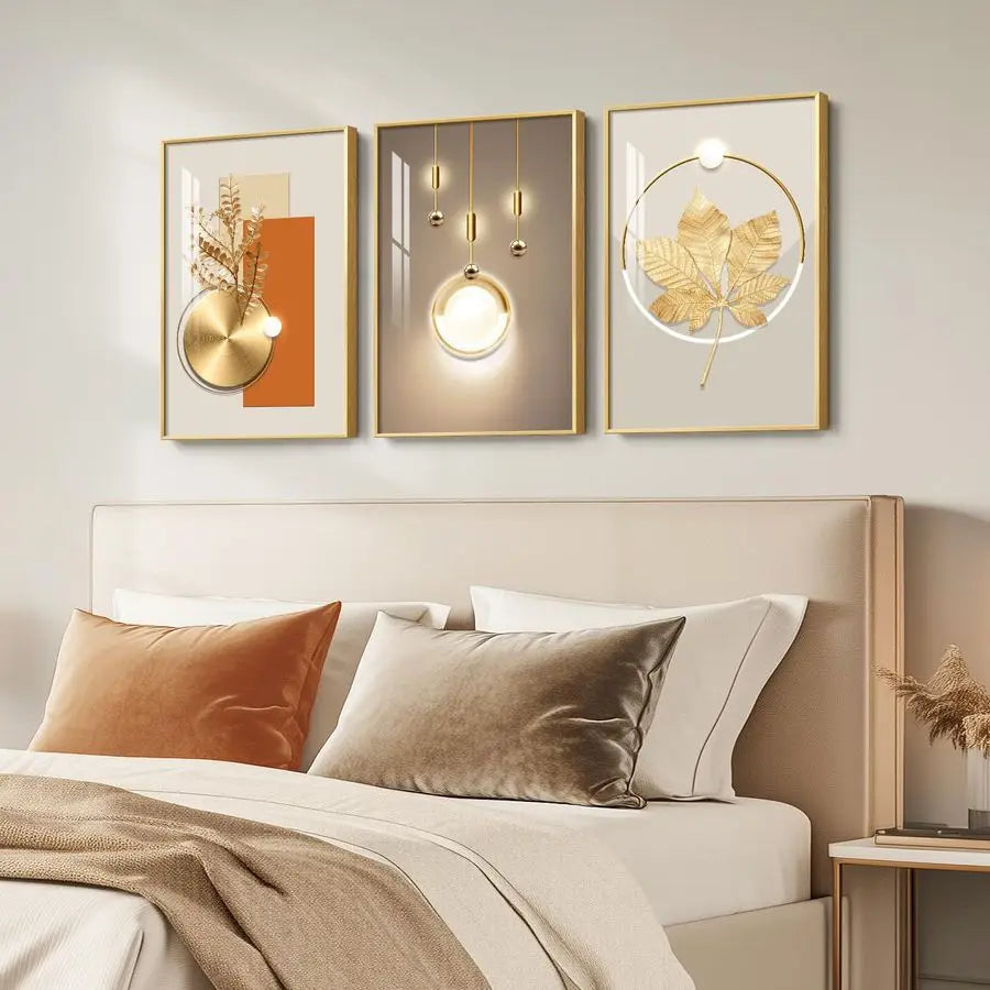 Modern Luxury Gold Wall Art, Set of 3 Piece Contemporary Paintings Artwork for Walls, Golden Prints Pictures with Gold Frame, Wa