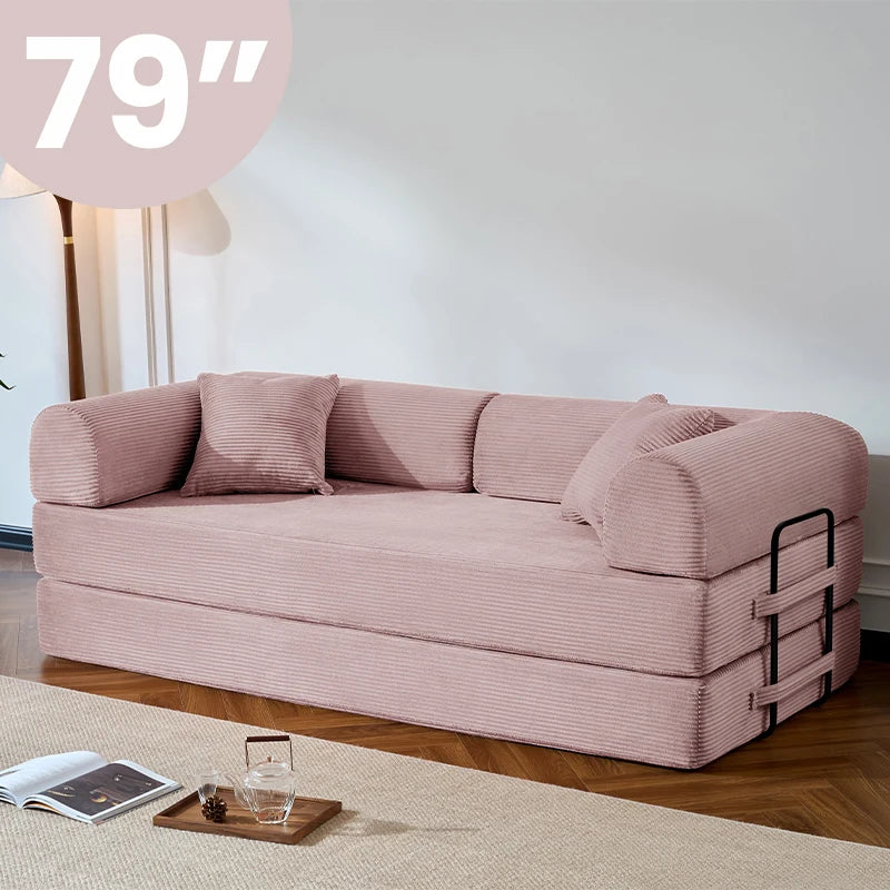 79’’ Folding Convertible Sofa Bed Corduroy Upholstered Boneless Couch, Loveseat Sleeper Floor Sofa for Living Room Bedroom