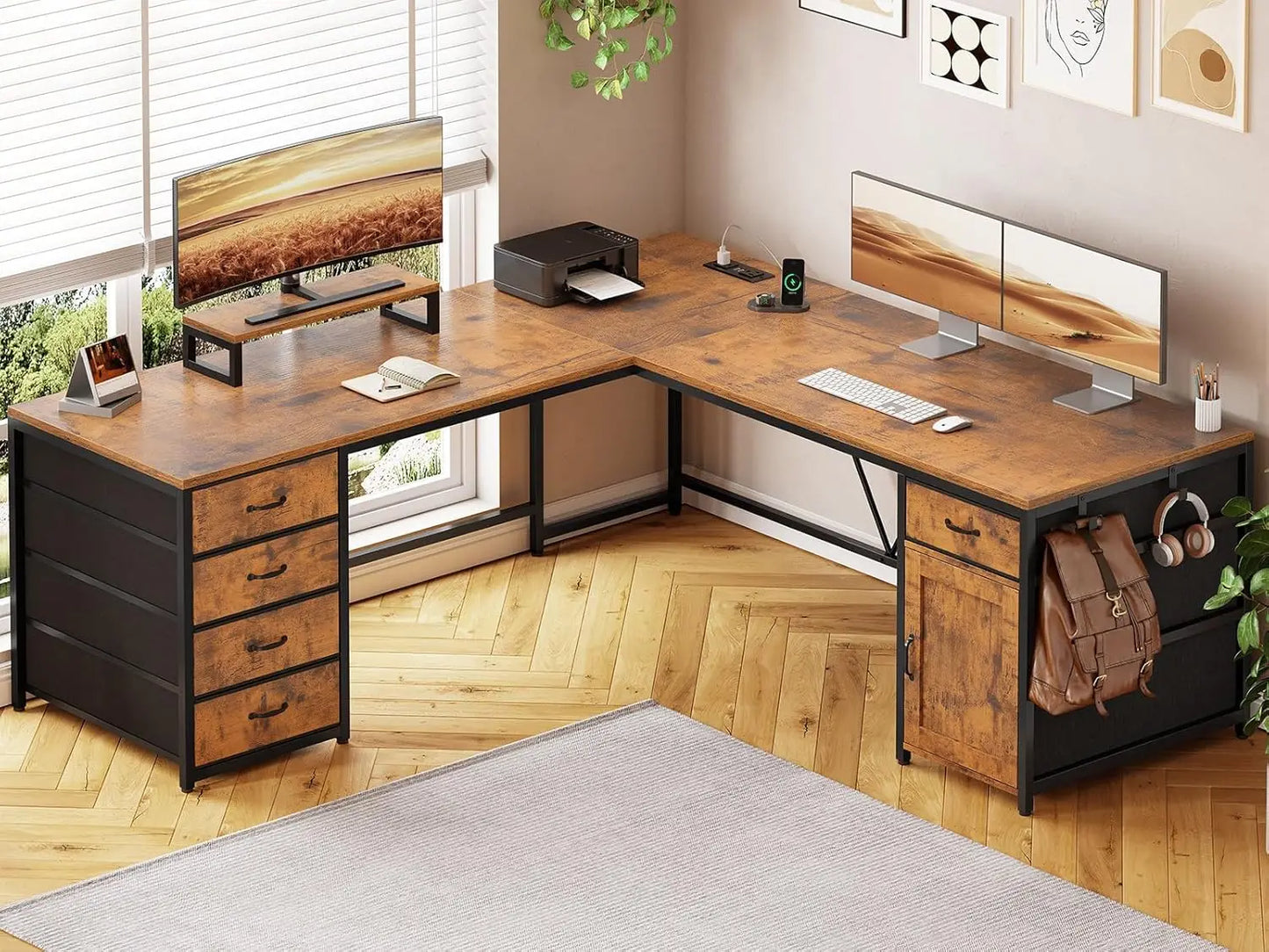 Computer Desk with Drawer & Power Outlet,Long Home Office Desk or Corner Desk, Corner Desk with Monitor Shelf,Customized
