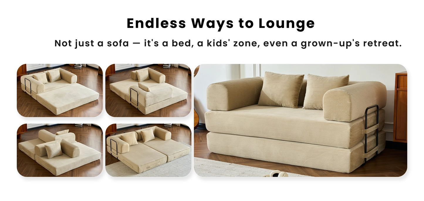 59’’ Convertible Sofa Bed Corduroy Upholstered Boneless Couch, Loveseat Fold Out Small Floor Sleeper for Living Room