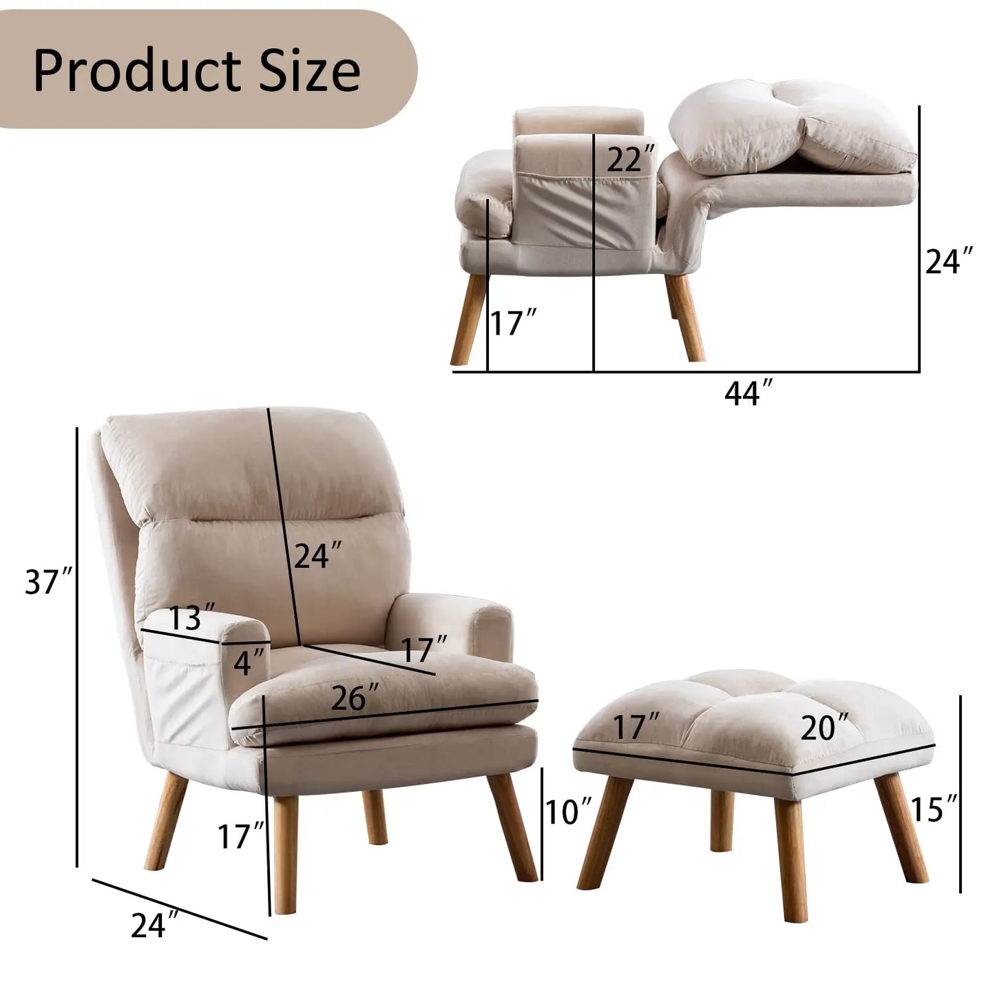 Accent Chairs with Ottoman Set, Modern Velvet Armchair with Adjustable Backrest, Comfy Lounge Chair for Living Room, Customized