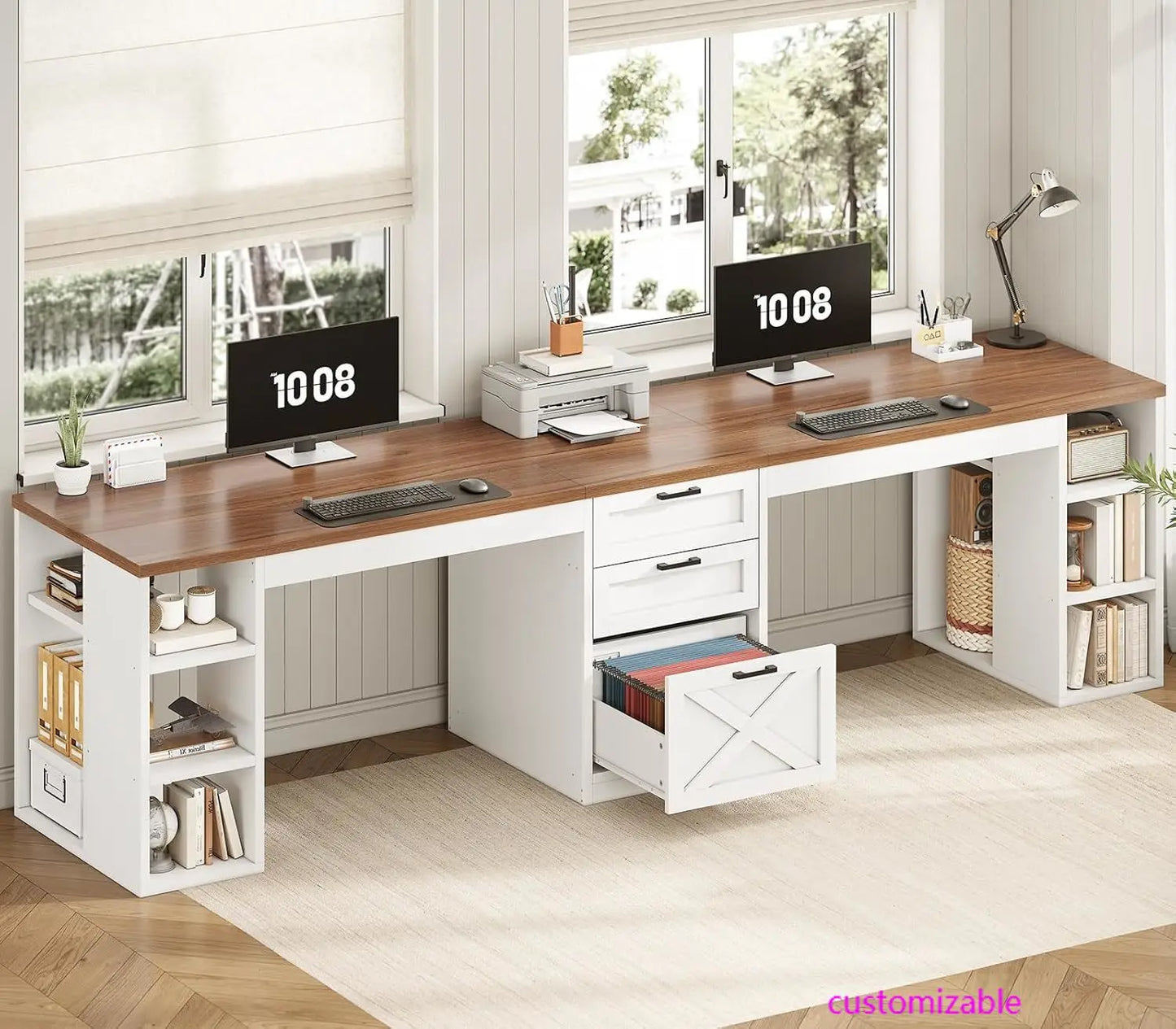 96.5" Computer Desk with Drawers,2 Person Home Office Desk,Gaming Double Desk with Storage Shelves, Long Two Person Writing Desk