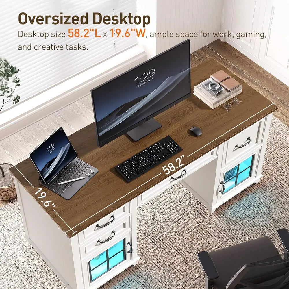 58" Farmhouse Executive Desk, Farmhouse Computer Desk with Drawers & File Cabinet, Wooden Home Office Desk with，Customized