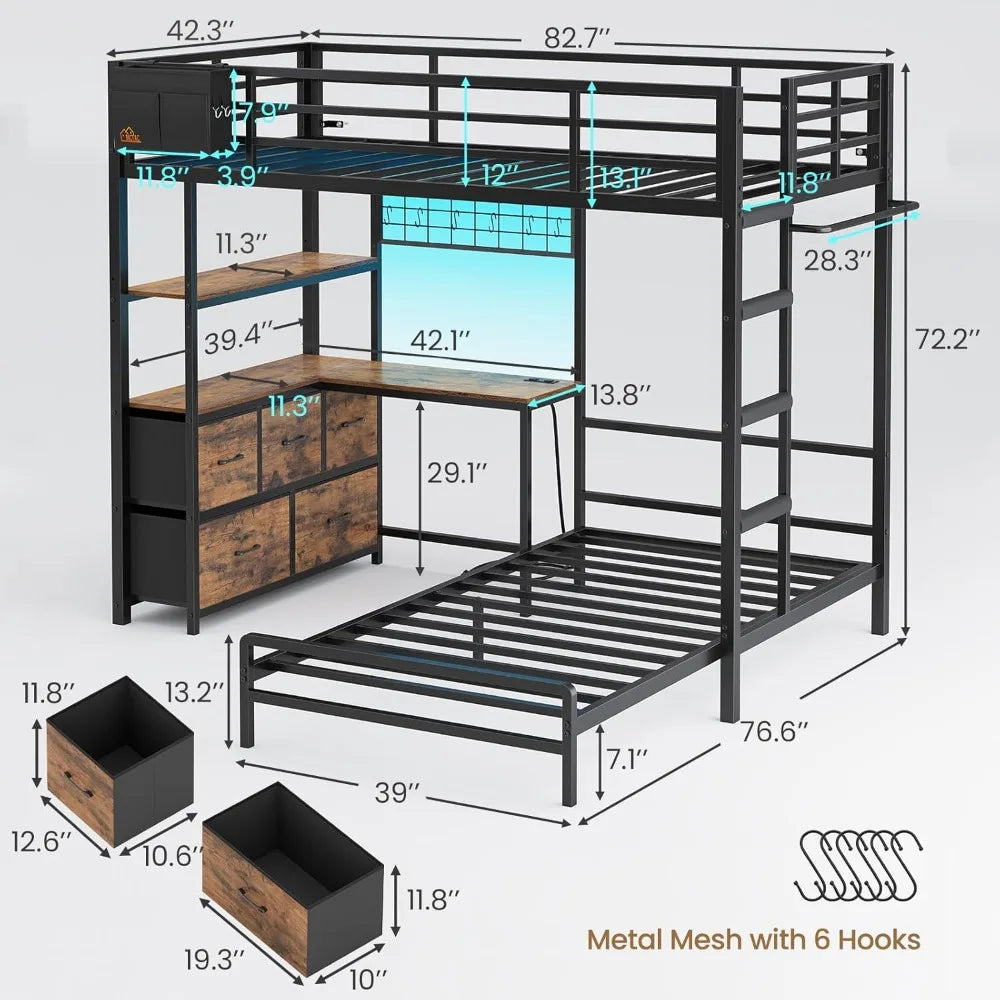 Bunk Bed with L-Shaped Desk,5 Storage Drawers and 2 Shelves Metal Twin XL Over Twin Bunk Bed with LED Lights