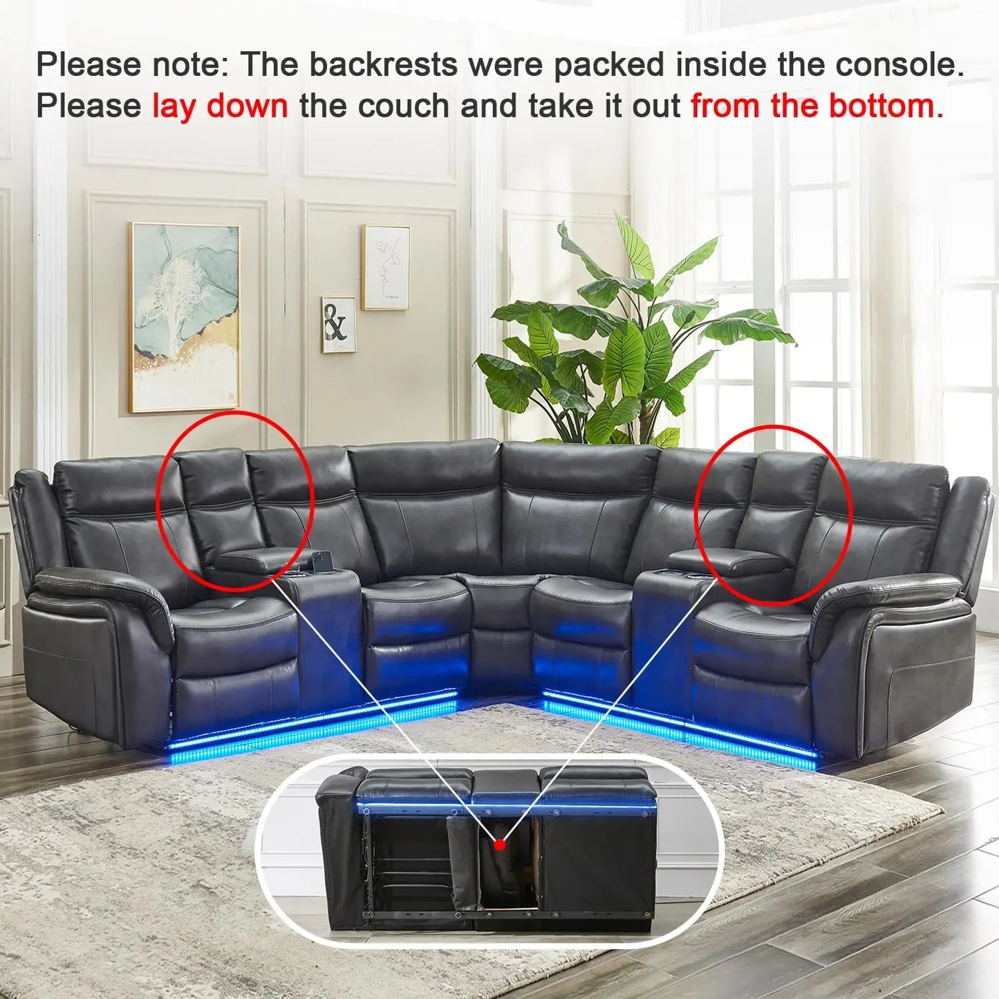 Power Recliner Sectional Sofa with LED Lights, USB, Cup Holders Storage Console Faux Leather Wall Hugger Living Room Couch
