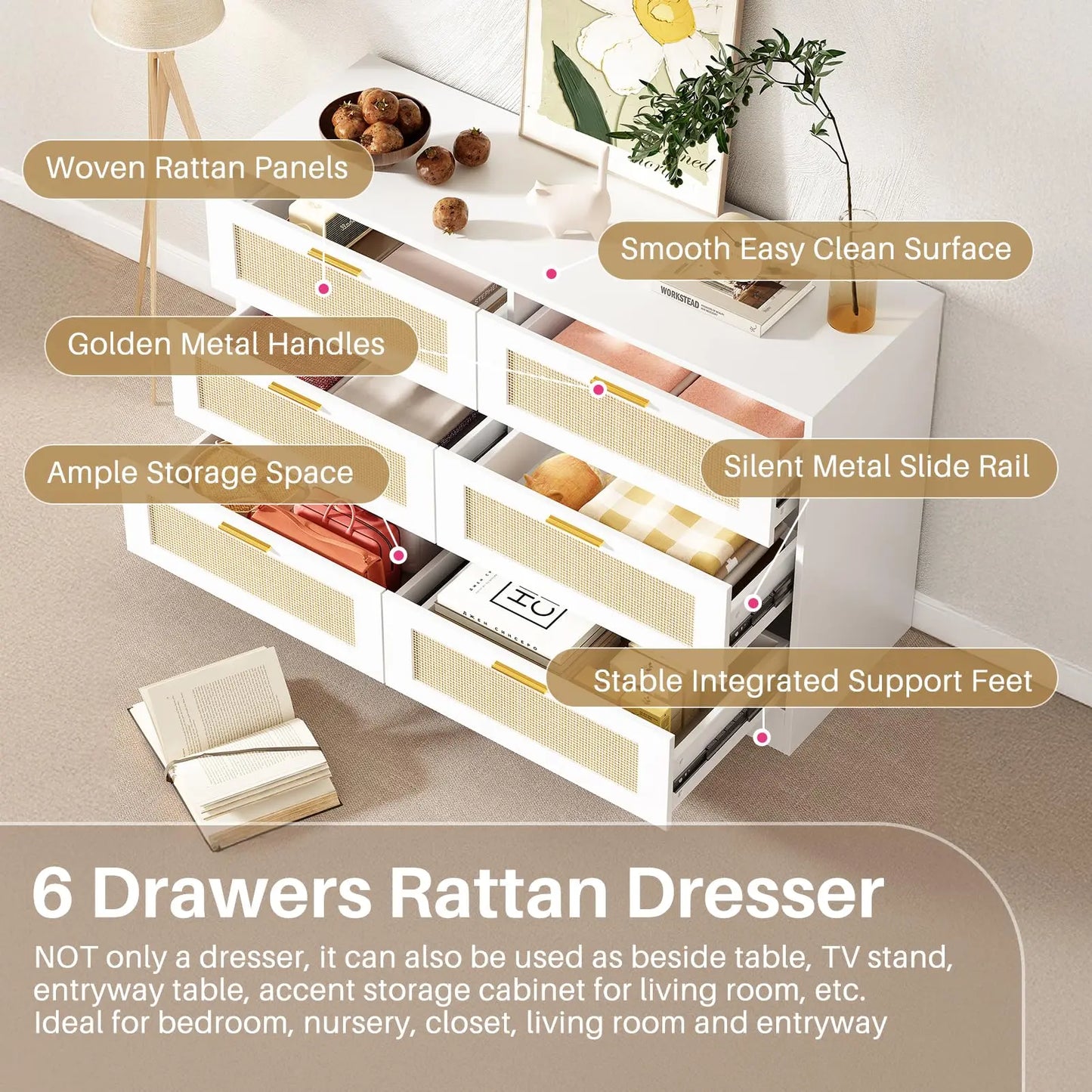 REDLIFE 47.24" Rattan Dresser with 6 Drawers ,Modern Chest Wood Storage Closet w/ Golden Handles for Bedroom Living Room Hallway