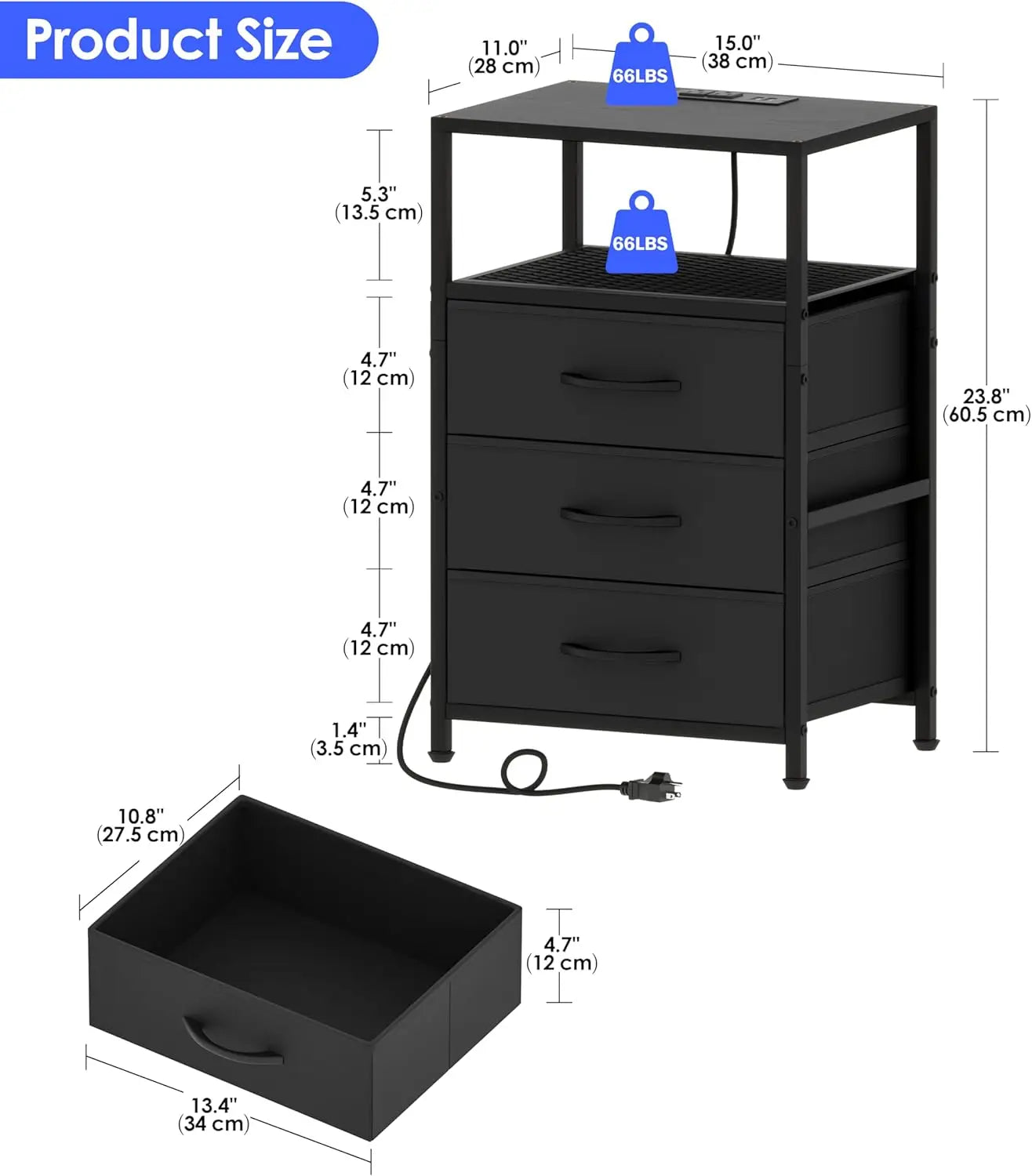 LED Nightstand with Charging Station, 3 Drawers & Open Shelf, RGB Lights Sync to Music, Black