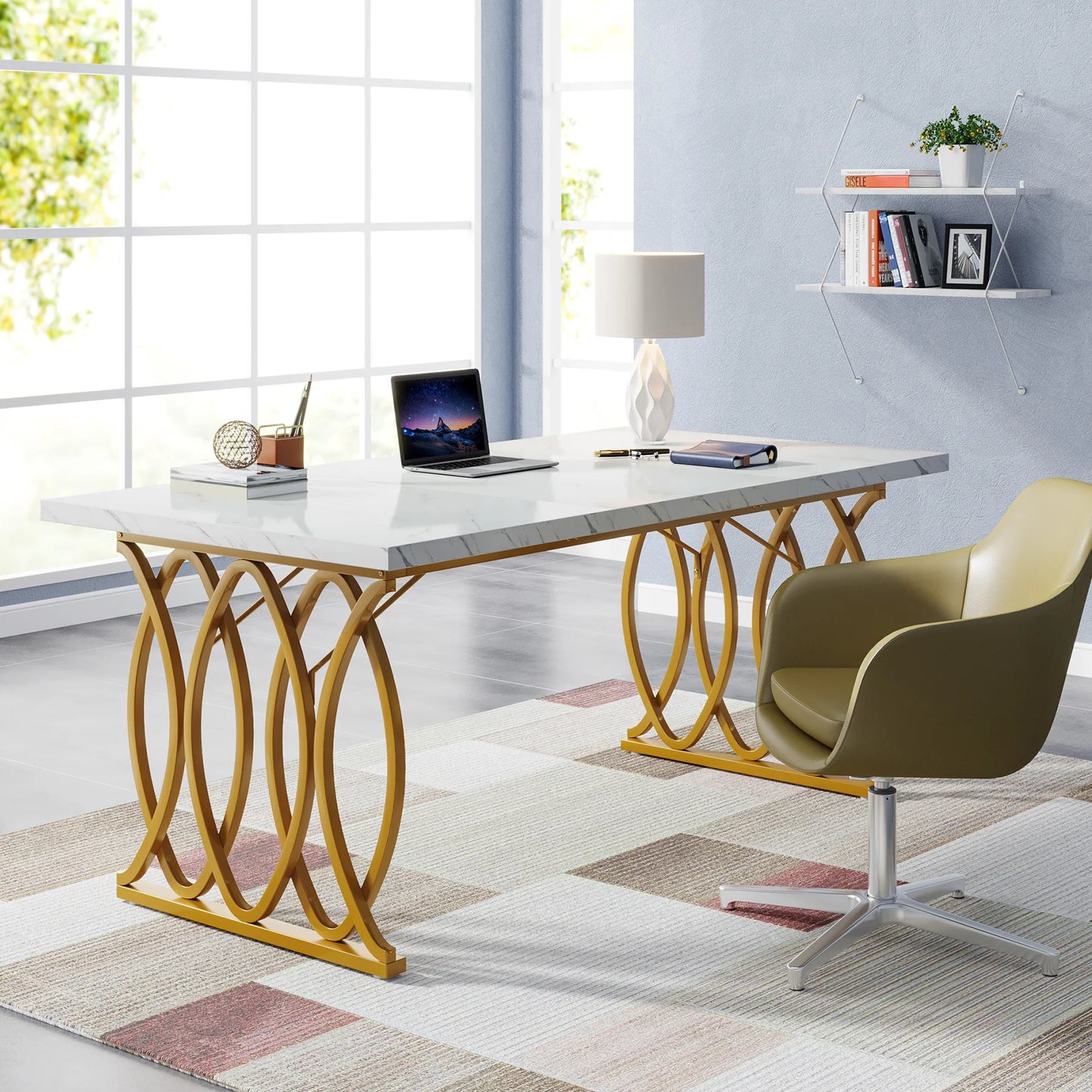 Tribesigns Modern Office Desk, 70.9" Wooden Computer Desk,Executive Desk with Gold Metal Legs, Large Workstation Home Office