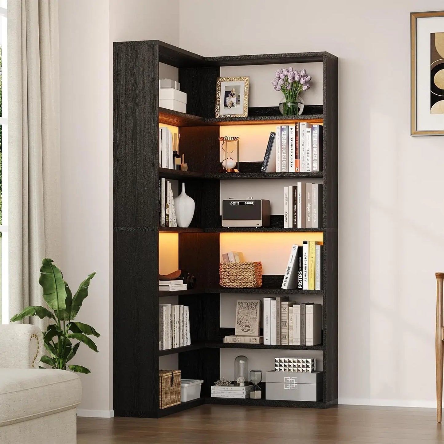 Corner Book Shelf with LED Lights, 71” High Coner Bookshelf with Storage for Living Room, Study Room, Modern, Customized