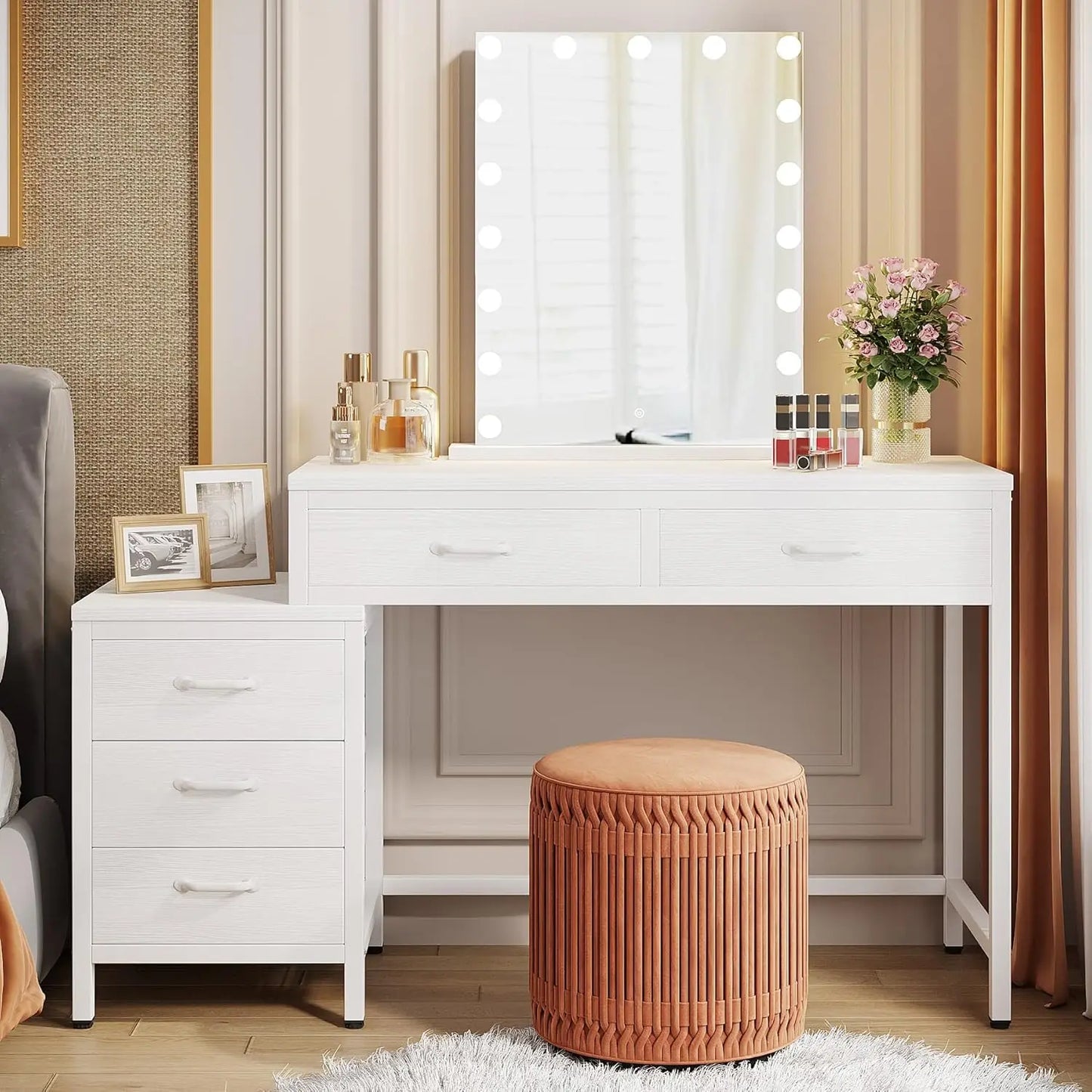 Vanity Desk with 5 Drawers, Makeup Vanity Table Dressing Table with Side 3-Drawer Chest, Make Up Vanities for, Customized