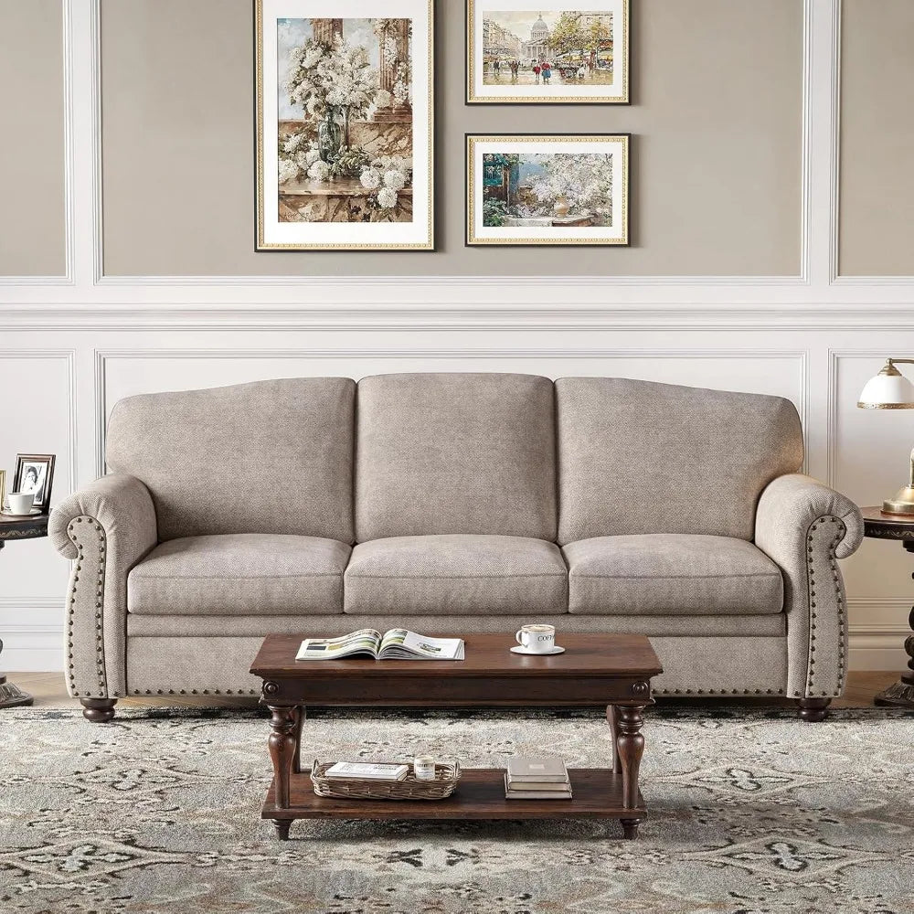Nailhead Trim Couch for Living Room,Rolled Arm Sofa,Comfy Upholstered Chenille Couch w/Wooden Leg,Traditional Sofa,Customized