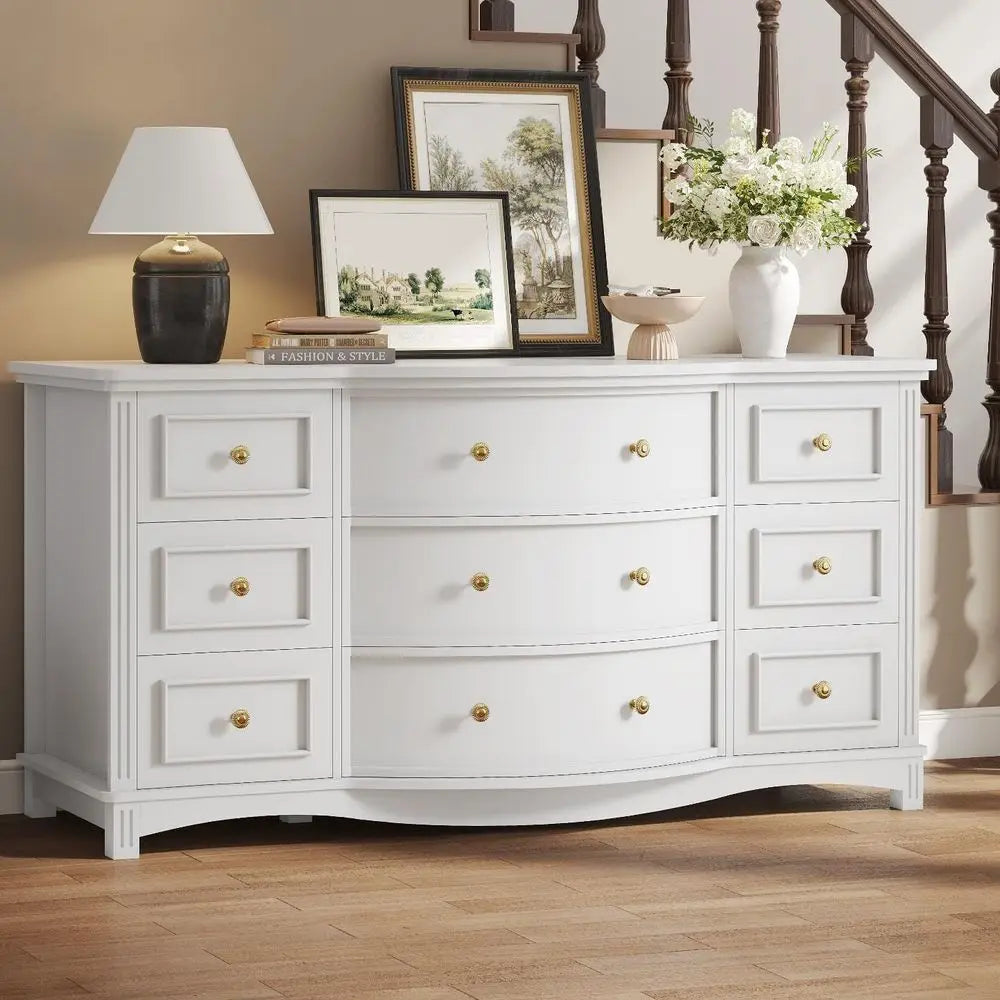 9-Drawer Wide Dresser with 3 Arc Fronts, Roman Columns, White, 55 Long for Bedroom Storage