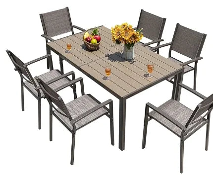 HOT-Patio Dining Set 7 Pieces Outdoor Furniture with Large Table and 6 Textilene Chairs for Porch, Brown