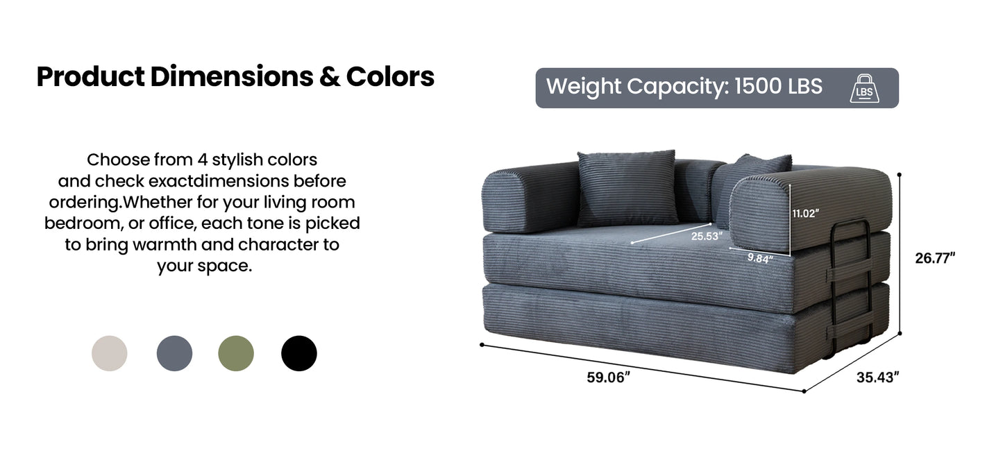 59’’ Convertible Sofa Bed Corduroy Upholstered Boneless Couch, Loveseat Fold Out Small Floor Sleeper for Living Room
