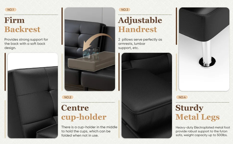 Convertible Folding Futon Sofa Bed Sleeper Couch for Living Room Faux Leather Upholstered Loveseat w/Removable Armrests